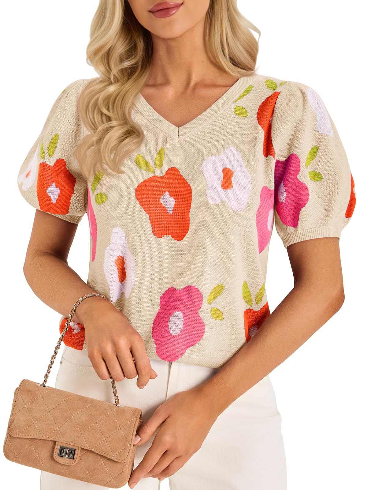 cicy bell Womens Puff Short Sleeve Sweater Tops 2026 Spring Summer Floral Pullover V Neck Casual Knit T Shirts-picture-49