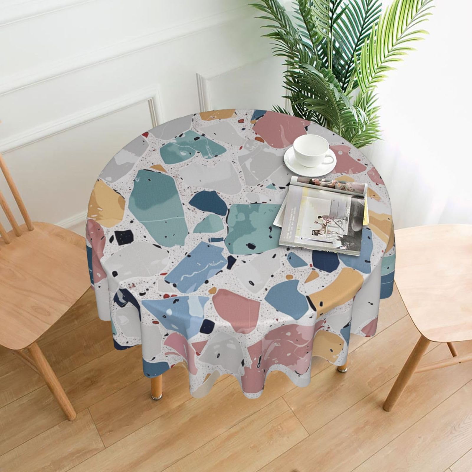 WPKJU Terrazzo Marble Pastel Printed Round Tablecloth 60 in Water Resistant Table Cover Washable Table Cloth for Dining Tables