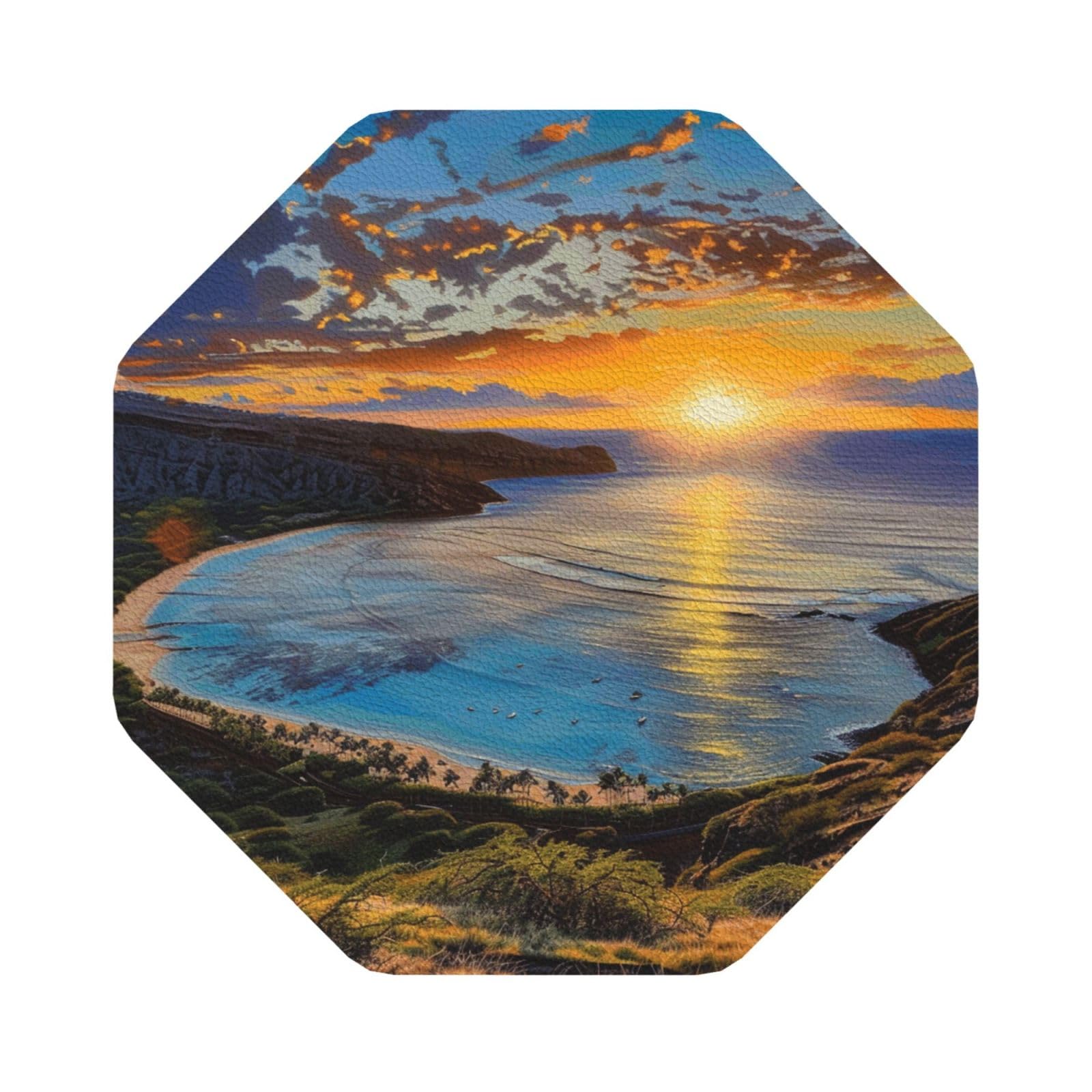 Sunrise Over Hanauma Bay Oahu Hawaii Print Leather Coaster Set of 6, Octagon Coasters Table Decorative Coffee Cup Beverage Coasters Wine Beer Bar Coasters for Hot Drinks Table Protection