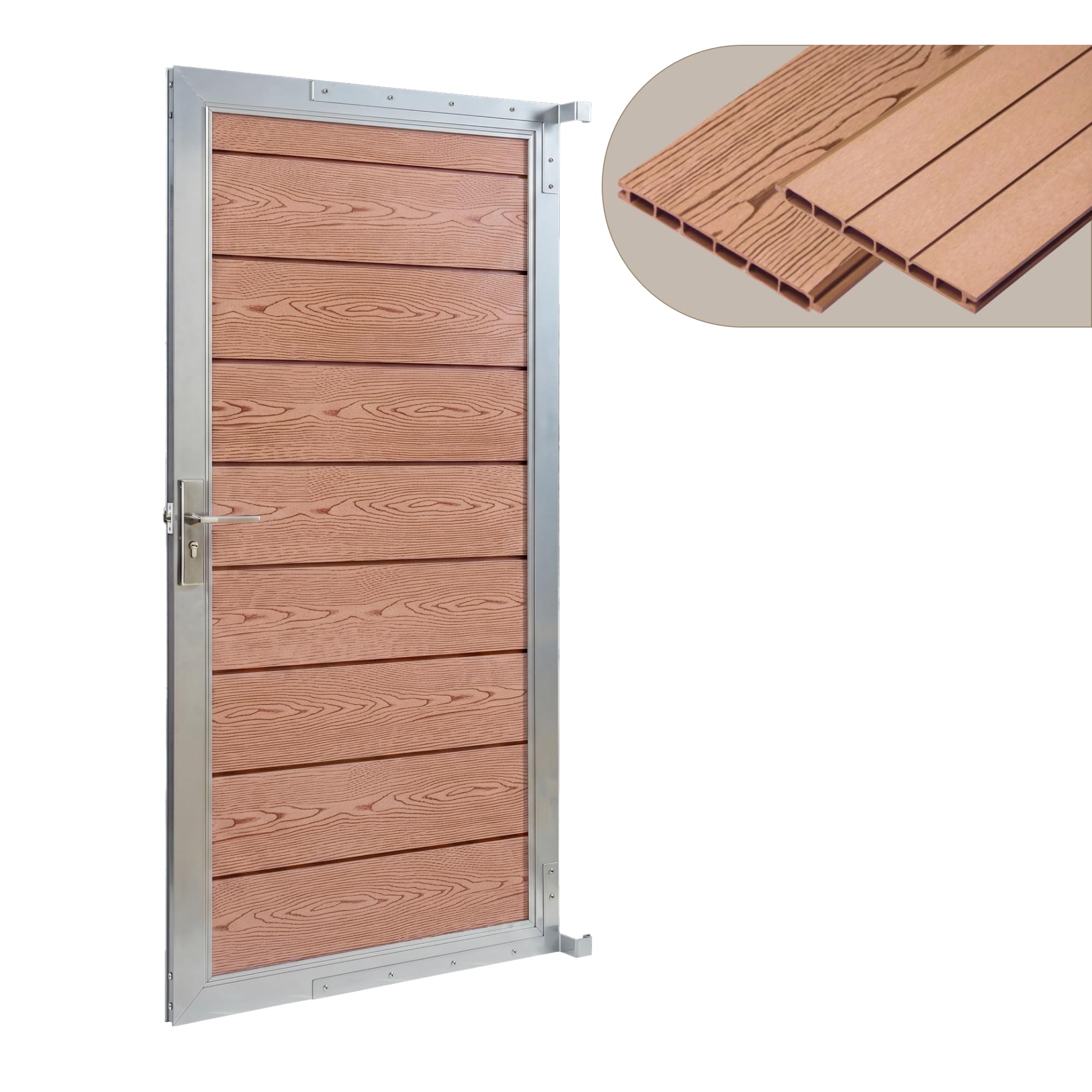 NEU.HOLZ Puerta de Jardin Segovia Resistente Puerta Exterior para Valla Exterior 90 x 180 cm con Cerradura y Llaves Marco de Aluminio y Lamas de WPC - Marrón