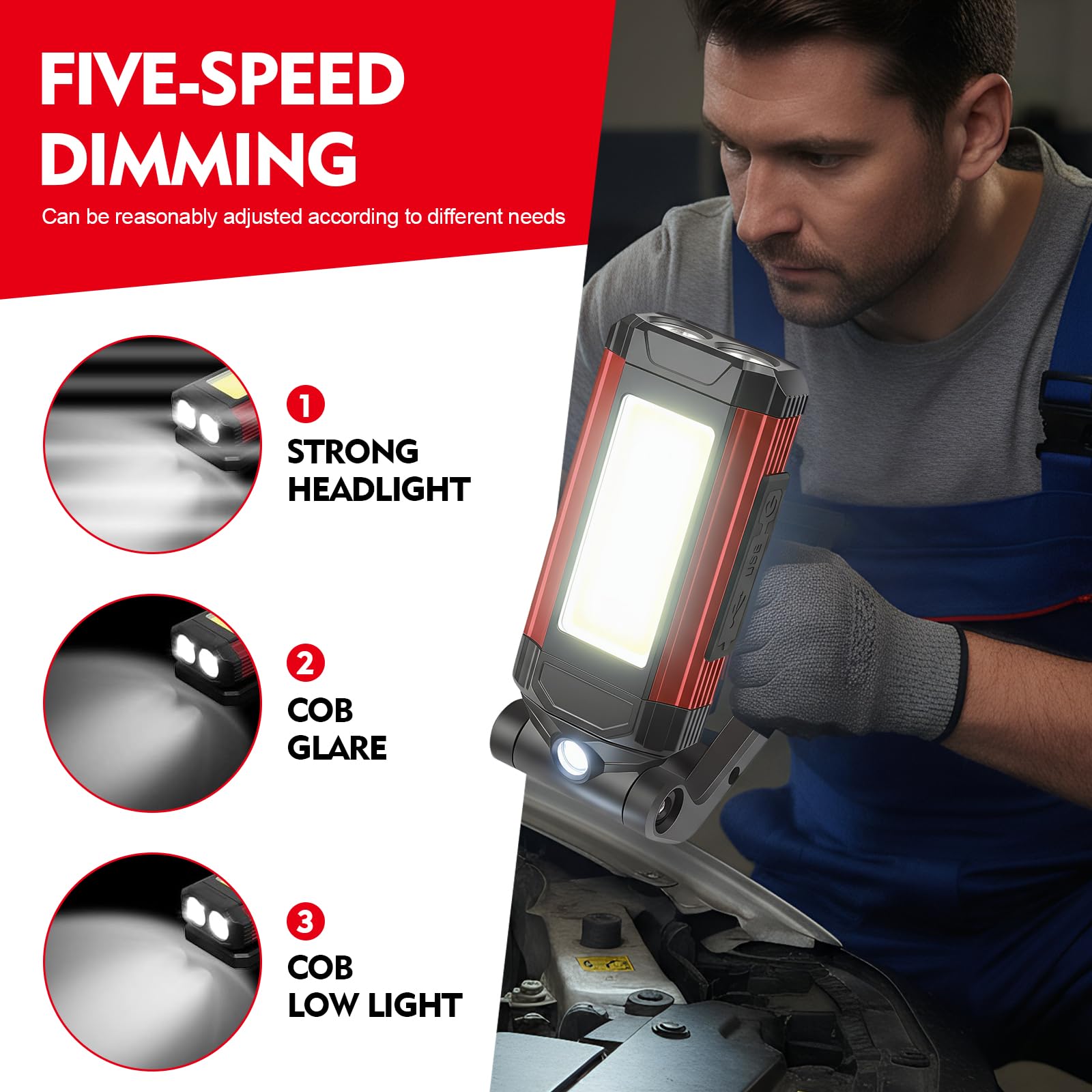 Lampada da Lavoro LED Ricaricabile, Lampada da Officina con Base Magnetica e Supporto Girevole 360°, 7 Modalità di Illuminazione, Torcia Portatile Impermeabile IPX6 per Auto, Officina e Campeggio