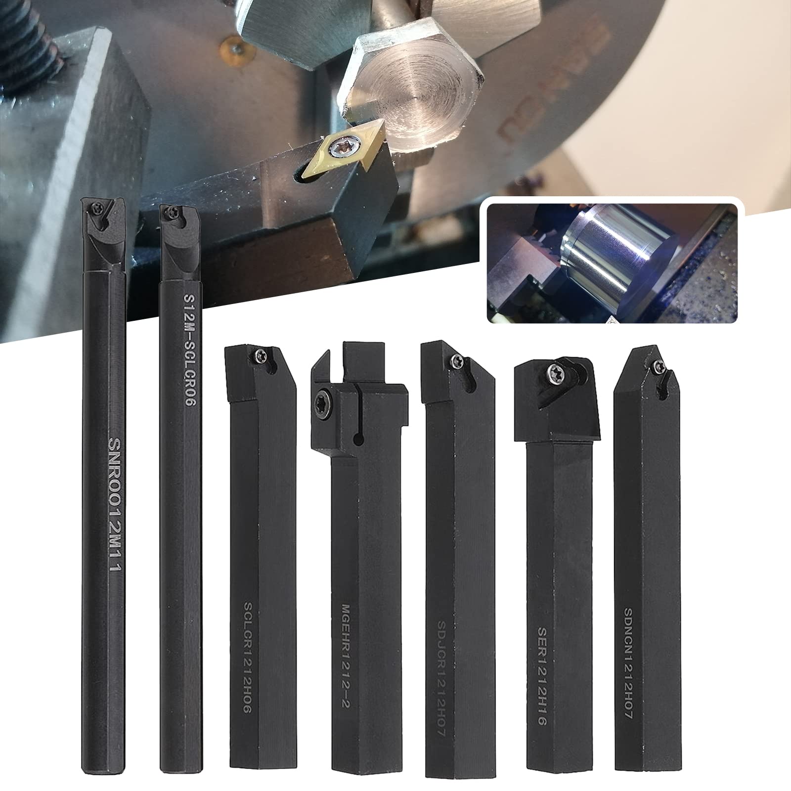Insertos Carburo Para Torno,Juego De Herramientas De Roscado De Torno De Insertos De Torneado De Carburo De 7 Piezas De 12 MM,Juego De Torno Eje,Herramientas De Ajuste De Barra Perforación