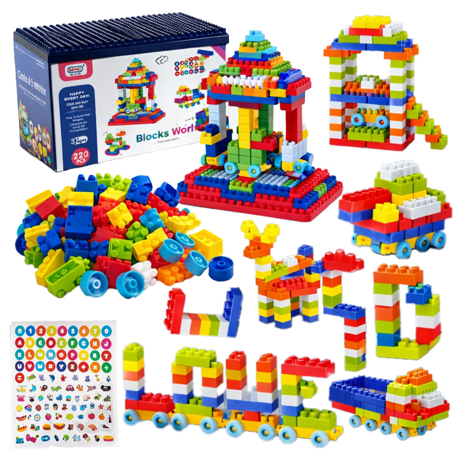 FunBlast 220 Pcs Building Blocks for Kid - Table Building Blocks Toy for Kid Puzzle Games with Dinosaur Toy Figures and Stickers for Kids, DIY Toys for 3+ Year Old Kids, Boys (220 Pcs)-image-11