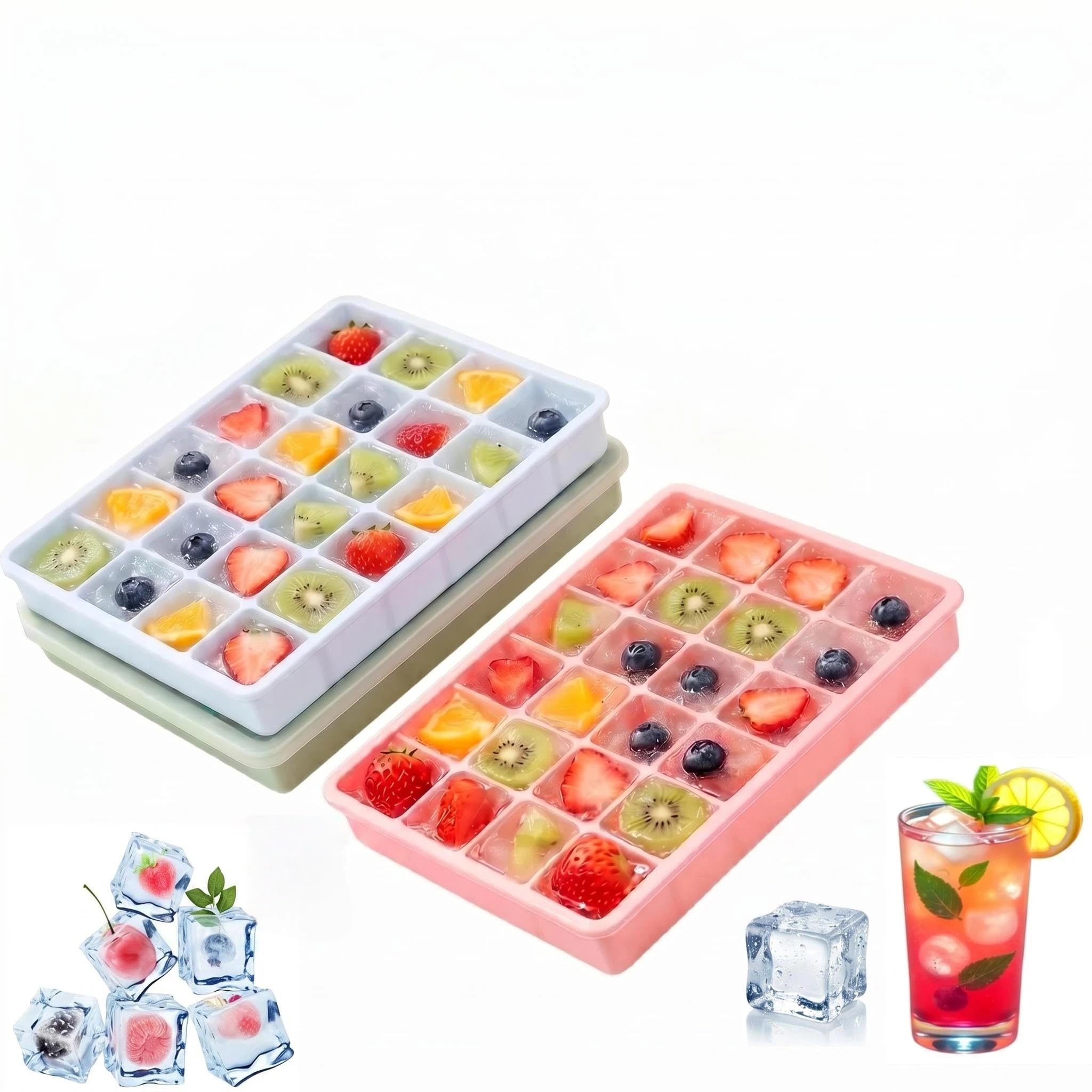 3 Pack Silicone Ice Cube Trays, 24 Cubes Ice Cube Tray with Lid, Easy Release 2.3cm Square Ice Cube Moulds BPA Free for Whiskey, Cocktail, Drinks, Freezer, Coffee, Chocolate (Blue & Pink & Green)