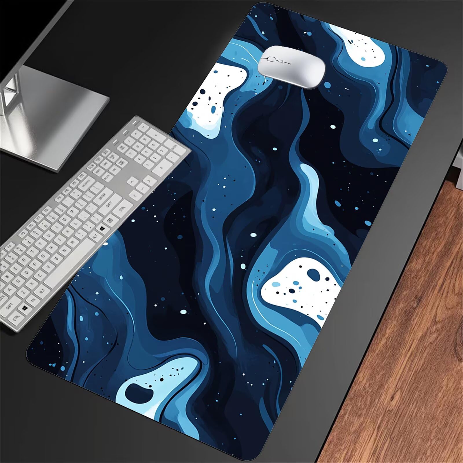 Duża podkładka pod mysz do gier 1200 x 600 x 3 mm podkładka pod mysz XXL, podkładka pod mysz do gier z przeszytymi krawędziami i antypoślizgową gumową podstawą, do domu i biura (ciemnoniebieska, biała
