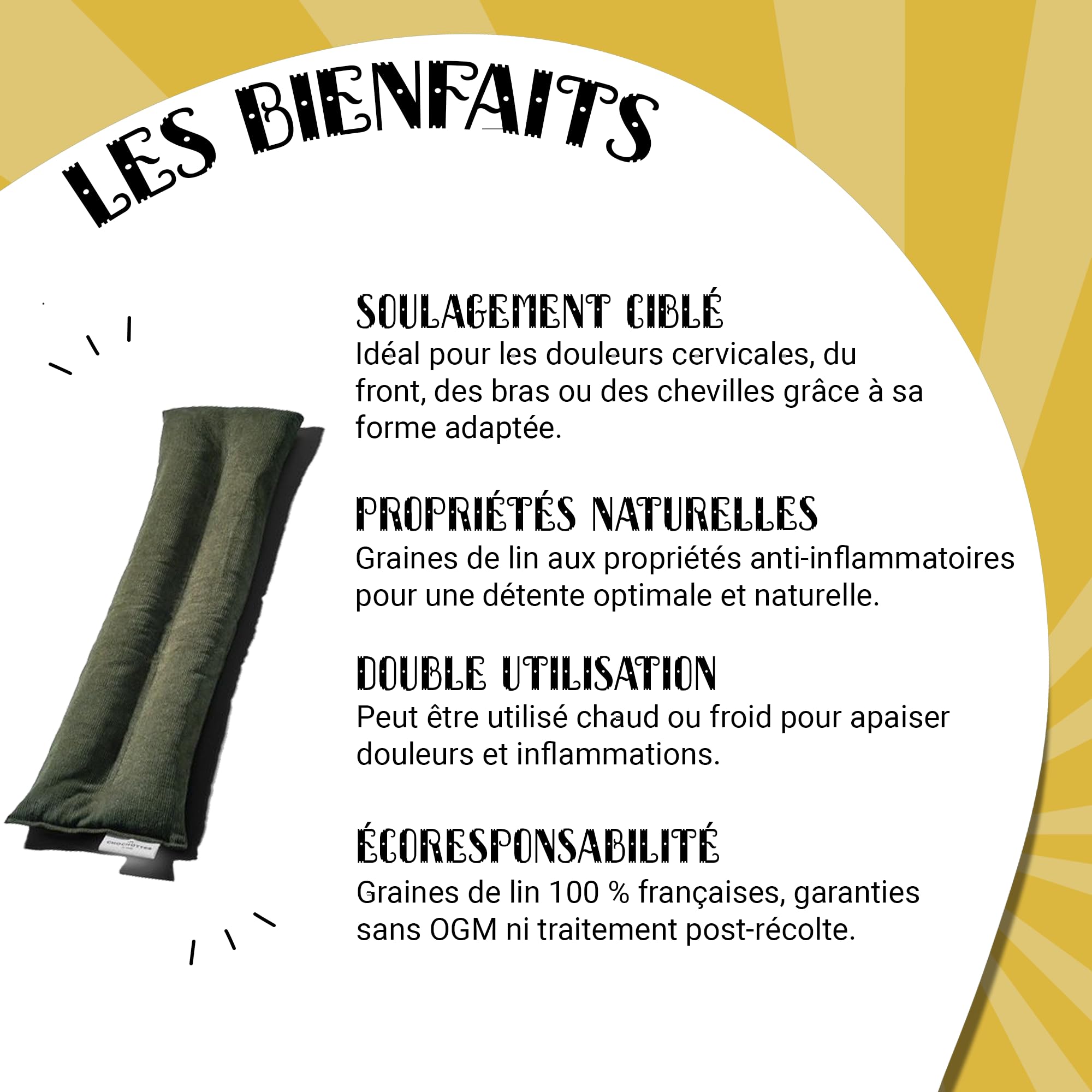 Coussin Emplâtre Chauffant La Cervicale en graines de lin - Bouillotte naturelle pour micro-ondes - Compresse chaud/froid - Soulage douleurs, torticolis, migraine, cou - Fabriqué en France - 52x12 cm