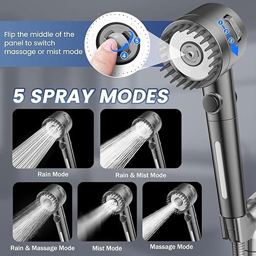 Miniatura 5 de Cabezal de ducha filtrado con mano, cabezal de ducha de alta presión de 5 pulverizaciones con filtros para agua dura, interruptor de