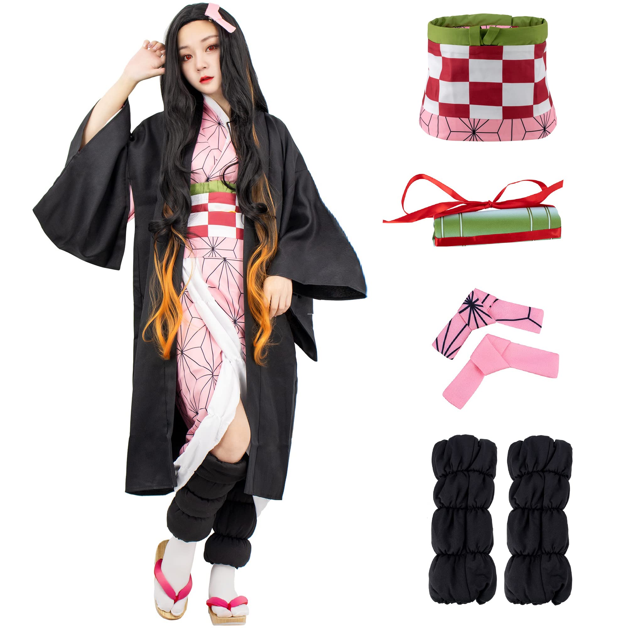 Buy Anime Nezuko Cosplay Womens Kamado Nezuko Kimono Cosplay Costume with Mouthpiece for