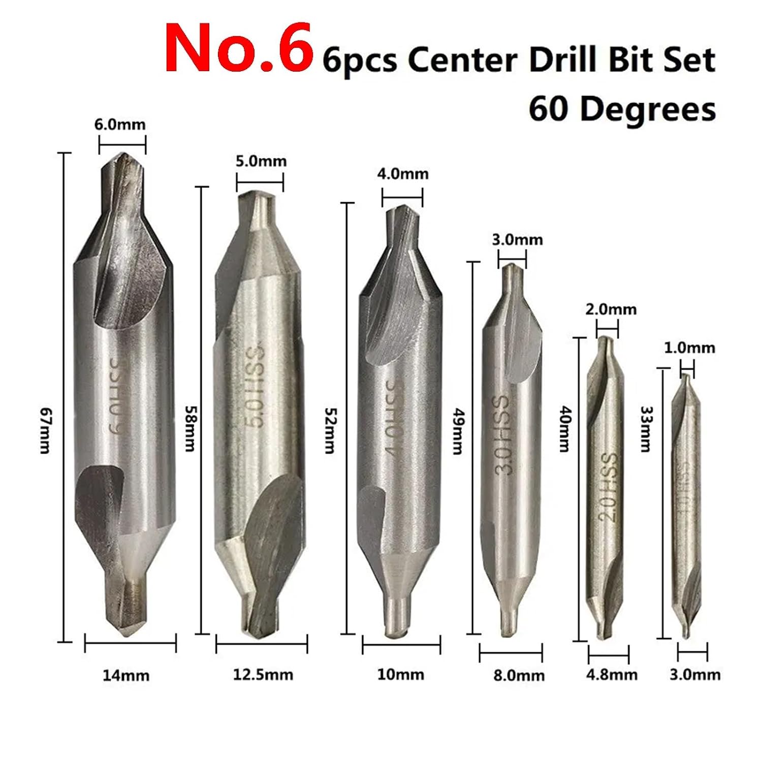HSS Combined Center Drills 60 Degree Countersinks Angle Bit Set 1.0mm 1.5mm 2.0mm 2.5mm 3.5mm 5mm Metal Drill Bit(No.6)