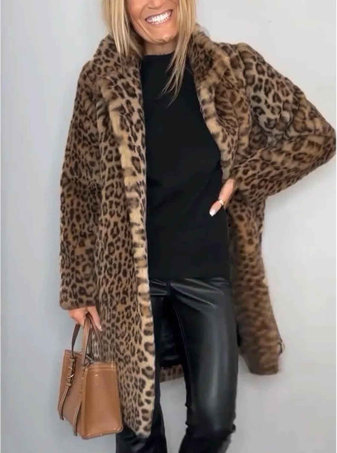 Sexyshine Women's Faux Fur Leopard Coat Winter Fall Lapel Collar Fuzzy Furry Open Front Fleece Fur Jackets - Image 3