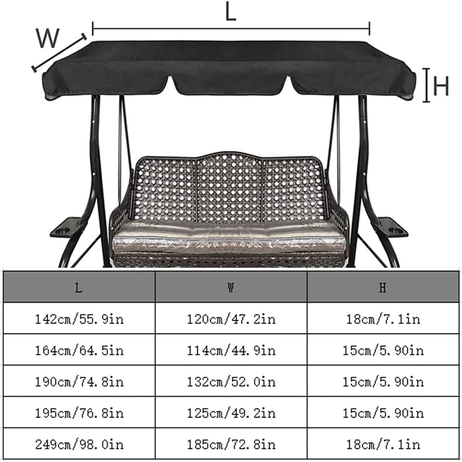 Set di coperture per dondolo da giardino, a 3 posti, impermeabile, antivento, anti-UV, resistente, a prova di strappo, copertura superiore per amaca da giardino (TYP-6,164 x 114 x 15 cm/150 x 50 x 10