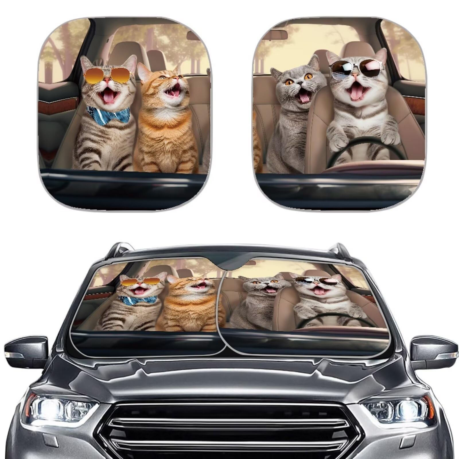 Renewold Cat Family Animal Driving Car Windshield Sunshade 2pcs Auto Front Window Sun Shade Summer Sun Visor Women Men Car Window Shades Protector