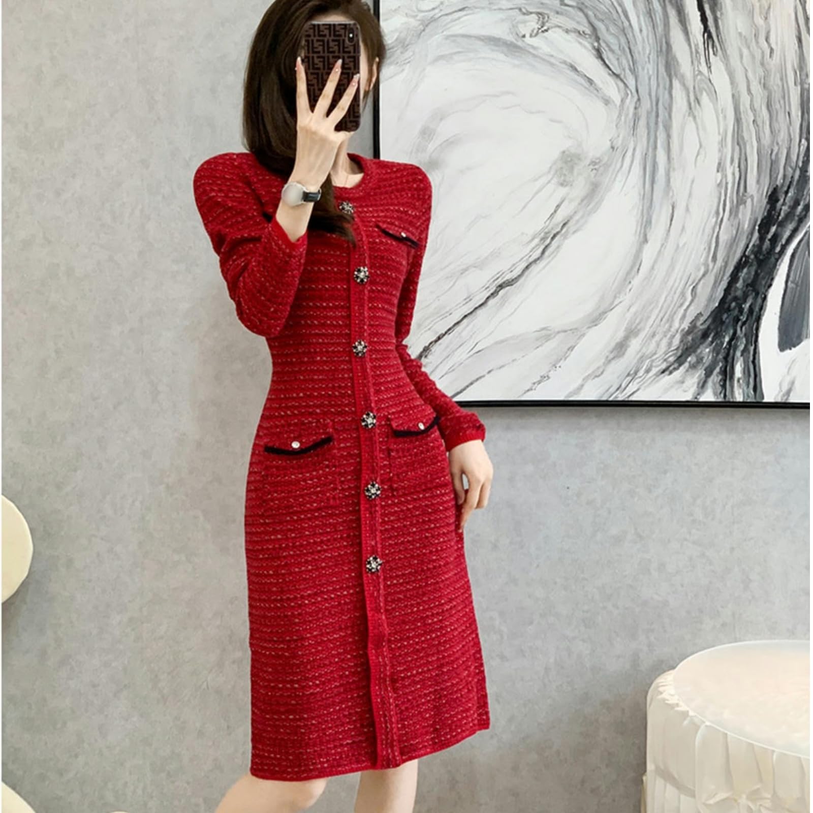 Vestito Donna Autunno Abito da Donna Autunno E Inverno Abito Rosso in Maglione Scozzese A Maniche Lunghe con Scollo Rotondo E Fondo Aderente-Rosso-m
