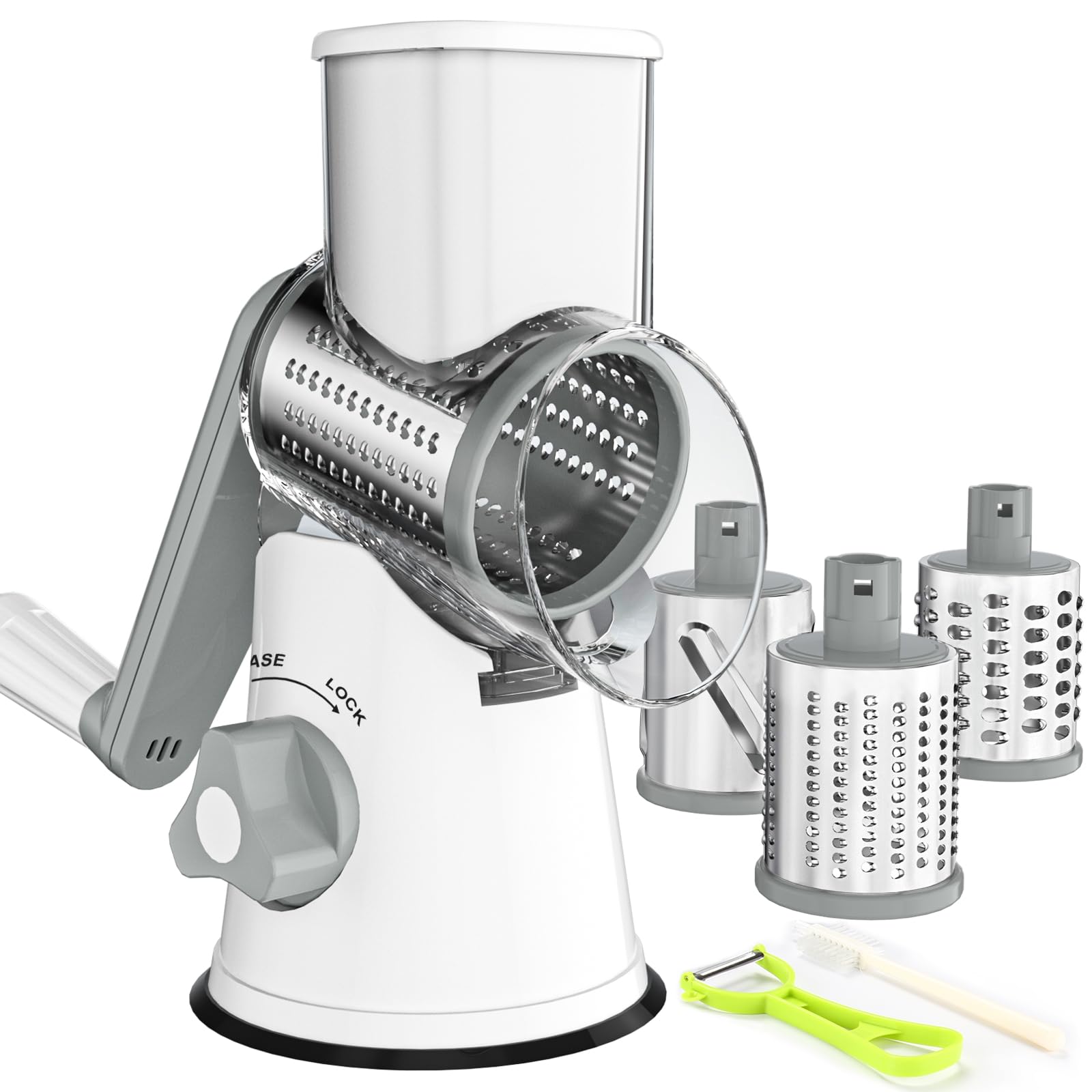 Rotary Cheese Grater Shredder - 3 Drum Blades Manual Speed Round Food Slicer Nut Grinder with Strong Suction Base for Cheese, Vegetable, Walnut, Chocolate, Potato, Carrot, White Gray