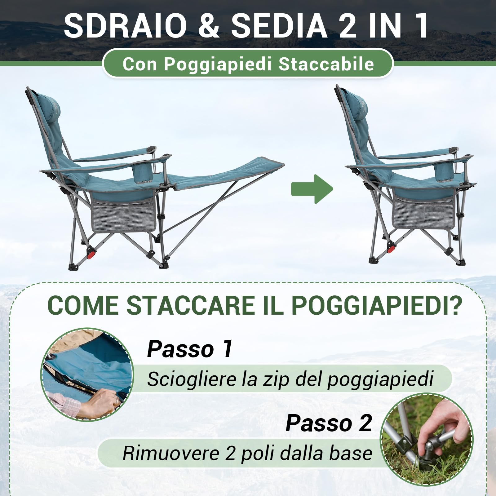 #WEJOY Sedia da Campeggio Pieghevole Reclinabile Imbottito, Sedia Sdraio da Spiaggia Portatile, Schienale Regolabile, Poggiapiedi Staccabile, Sedia Pieghevole per Giardino Interno Esterno, Cyan