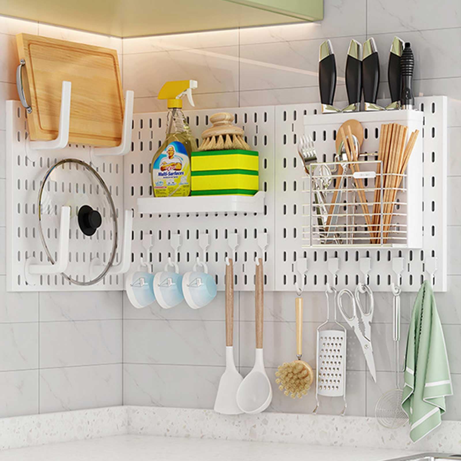 Kit combinato di 4 pannelli forati, organizer da parete con bidoni, ripiani e ganci, per artigianato, organizzazione, ornamenti, esposizione, vivaio, 30 cm