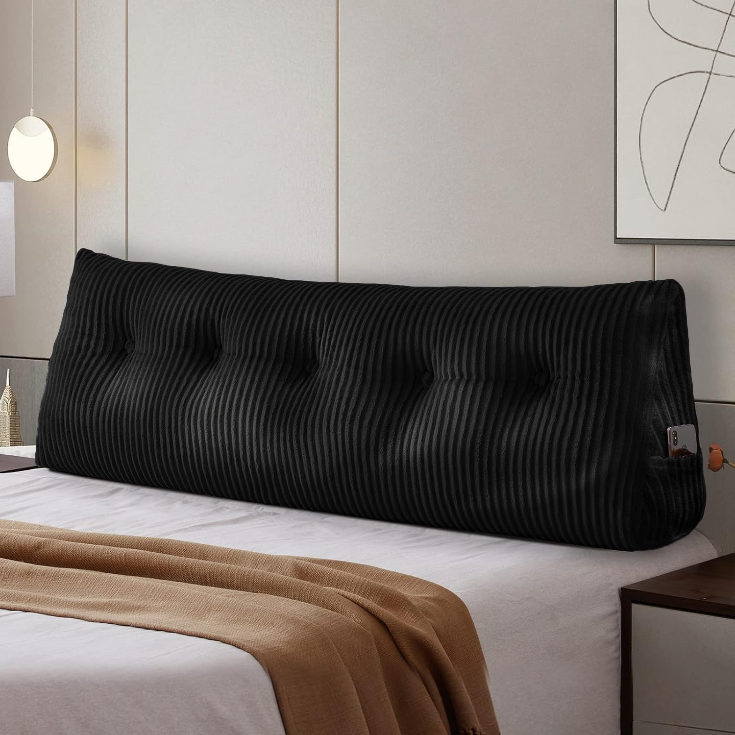 Large Headboard Wedge Pillow Bed Rest Reading Pillow Bolster Triangular Pillow for Sitting in Bed-Backrest Positioning Support Long Pillow for Daybed (Queen:59x8x20 Inches,Black)