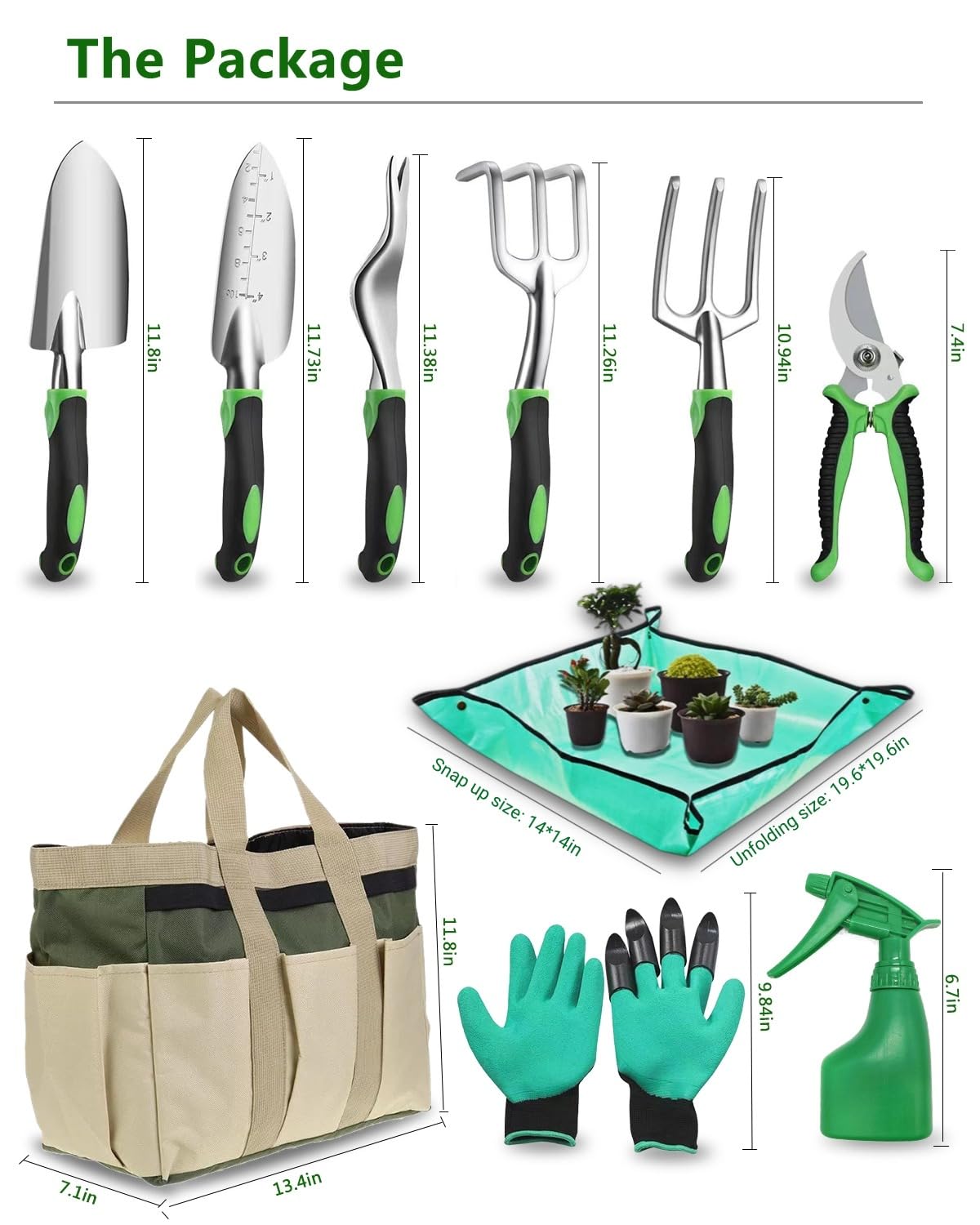 Juego de 10 herramientas de jardín, herramientas de jardinería resistentes con agarre de goma antideslizante, incluye pala, tenedor, rastrillo, guantes de jardinería, bolsa organizadora, regalos para