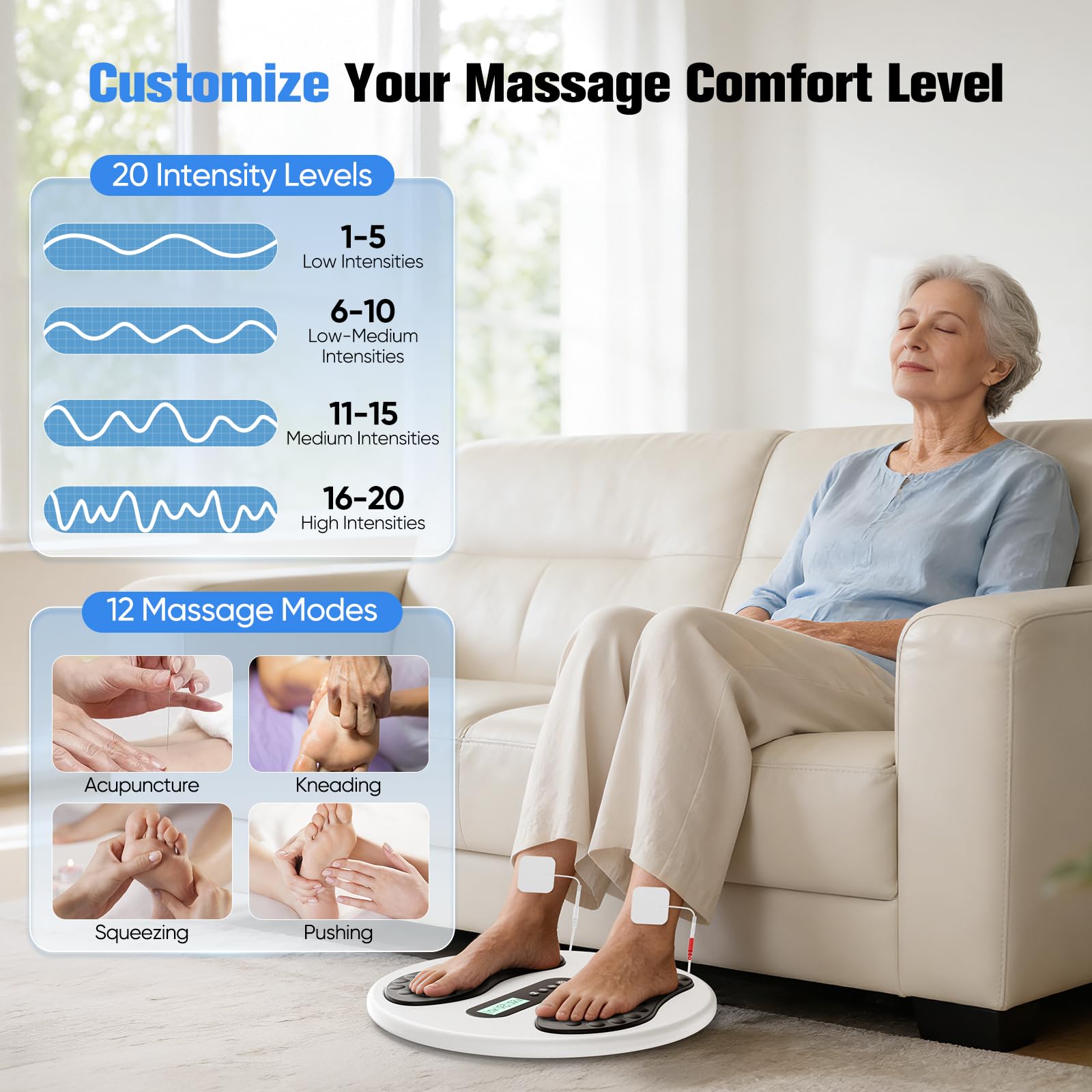 Estimulador de circulación para pies y piernas, masajeador de pies EMS con 8 almohadillas TENS, 12 modos y 20 niveles de intensidad, masajeador de pies eléctrico alivia neuropatías y circulación