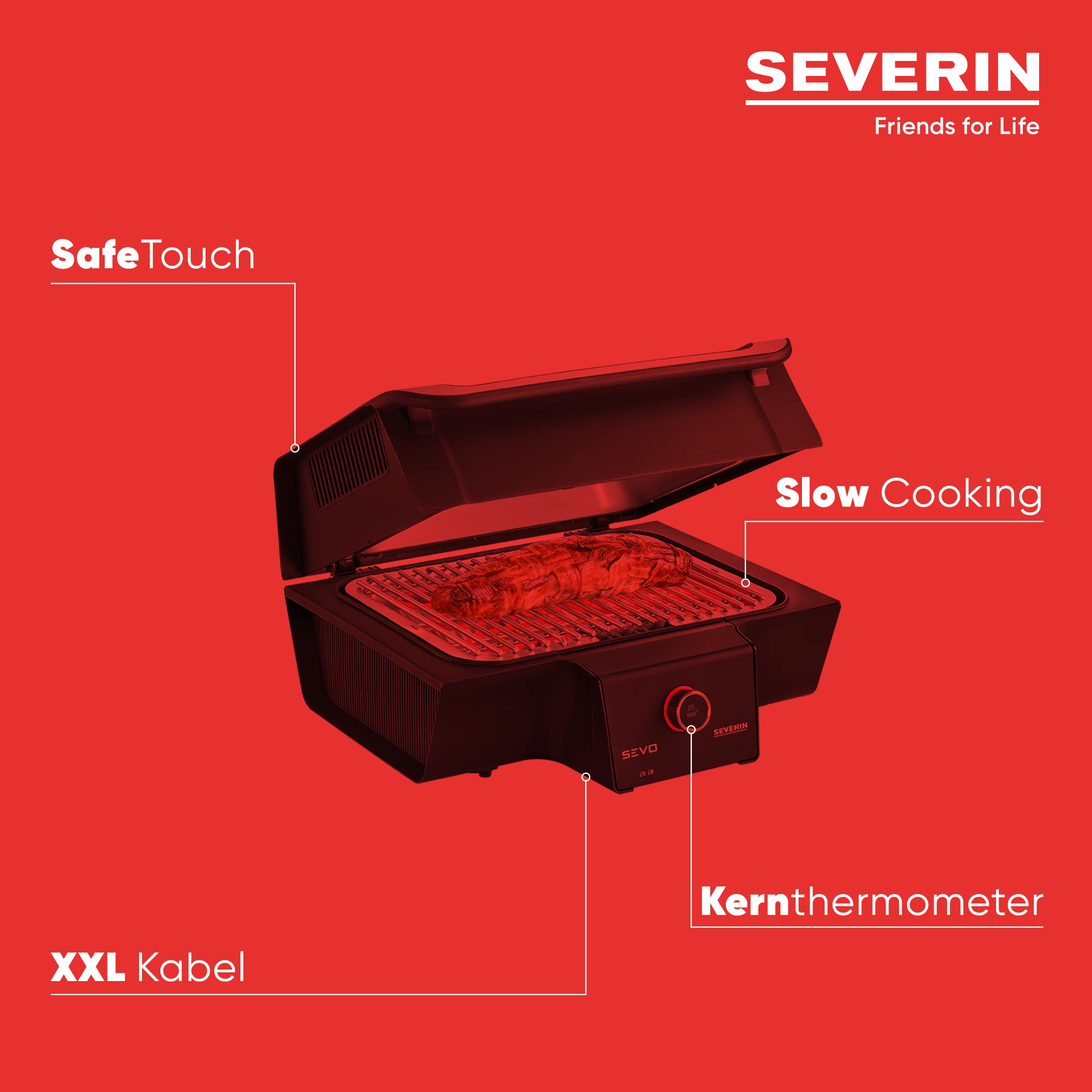 SEVERIN SEVO GT Elektrogrill mit Deckel, elektrischer Tischgrill mit schnellem Grillstart in 10 min bis 500 °C, Balkon Grill mit OLED-Display, für innen und außen, 3.000 W, Edelstahl/Schwarz, PG 8106
