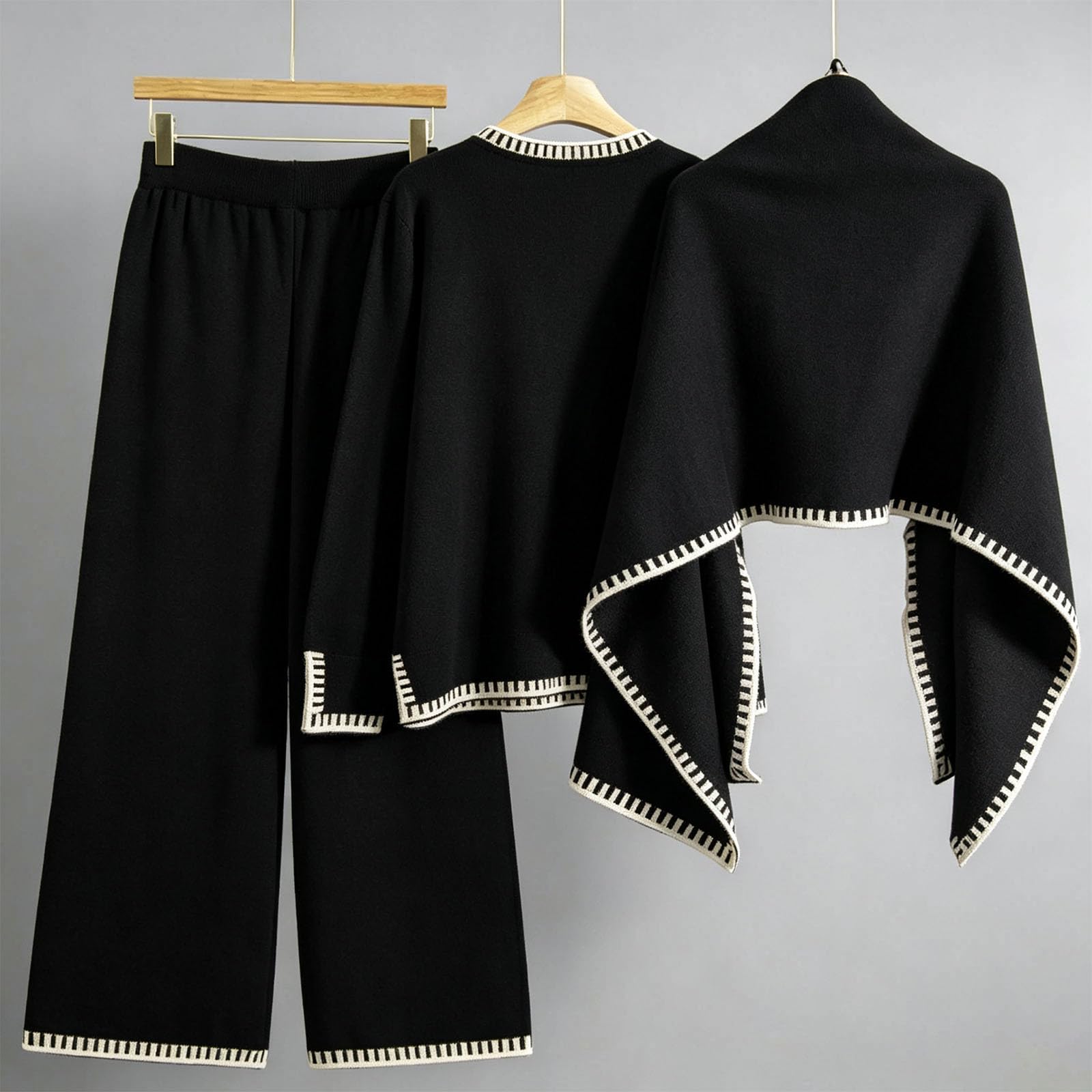 Set da salotto da donna 3 pezzi abiti da viaggio lavorati a maglia a maniche lunghe con scollo a V maglione top gamba larga pantaloni lunghi mantello a pipistrello casual tute larghe eleganti