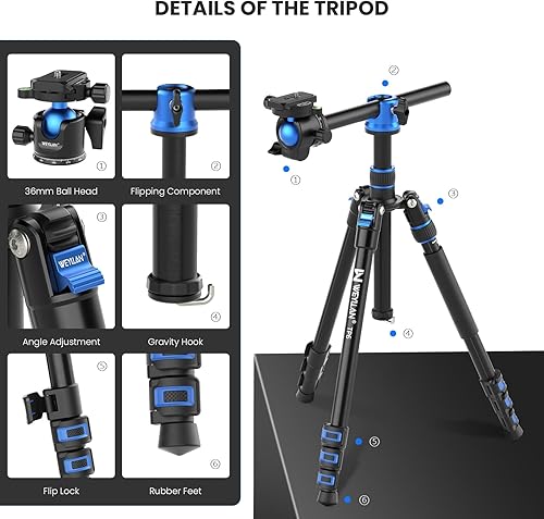 Miniatura 7 de WEYLLAN TP6 - Trípode para cámara, trípode horizontal de 67 pulgadas, monopie portátil de aluminio con cabeza de bola de 1.417 in, soporte de