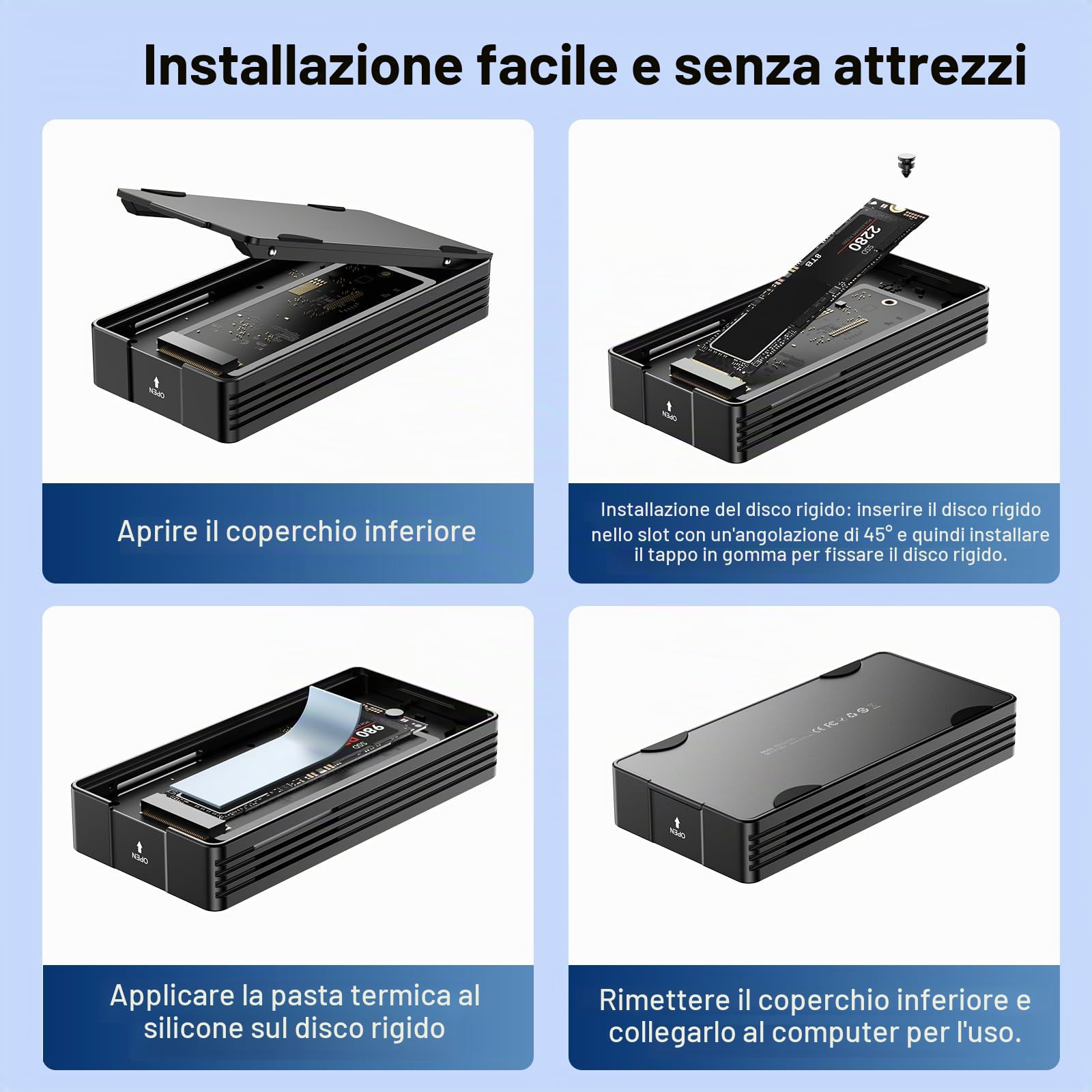 ANYOYO Enclosure SSD M.2 NVMe da 80 Gbps, compatibile con Thunderbolt 5/4/3 e USB4 V2.0, custodia SSD esterna ad alta velocità per MacBook M4/Mini, design con ventola di raffreddamento in alluminio