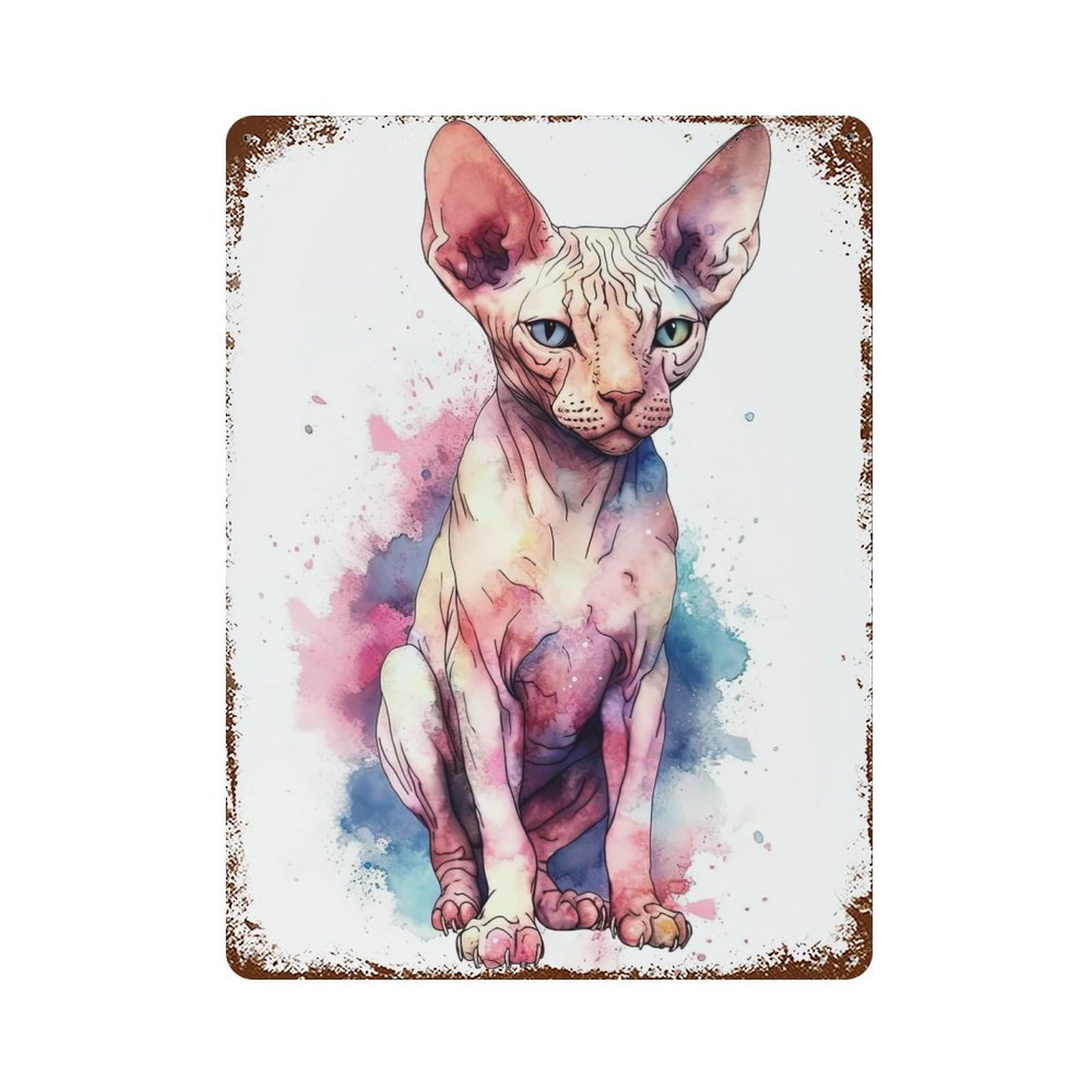 Watercolor Sphynx Cat Art 15.7"x11.8" Distressed Metal Wall Sign, Shabby Chic Decor for Shed, Workshop And Garage Wall Decor