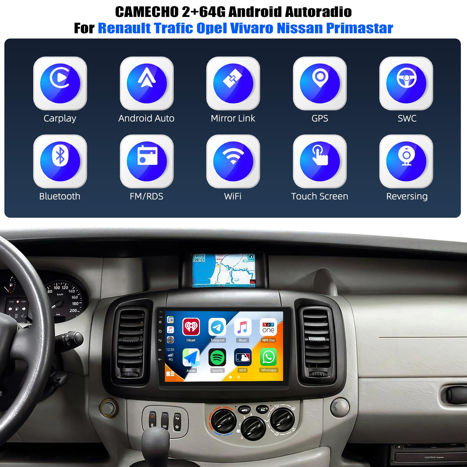 CAMECHO 2+64GB Android 13 Radio samochodowe do Renault Traffic Opel Vivaro Nissan Primastar z 10-calowym ekranem dotykowym, radio Bluetooth z bezprzewodowym odtwarzaczem CarPlay FM RDS GPS Wi-Fi