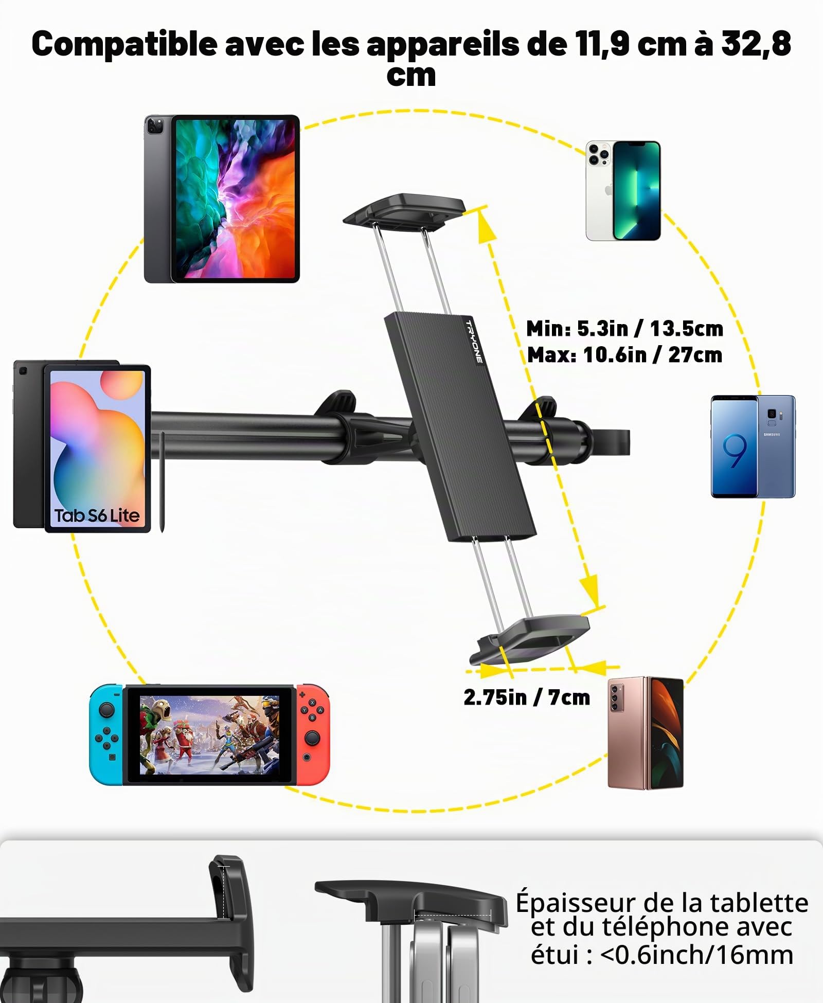 TRYONE Support Tablette Voiture Center Support de Tablette de Voiture Universel réglable pour iPad Series/Samsung Galaxy Tabs/téléphones Portables Appareils de 4,7 à 12,9 Pouces/avec 2 Crochets