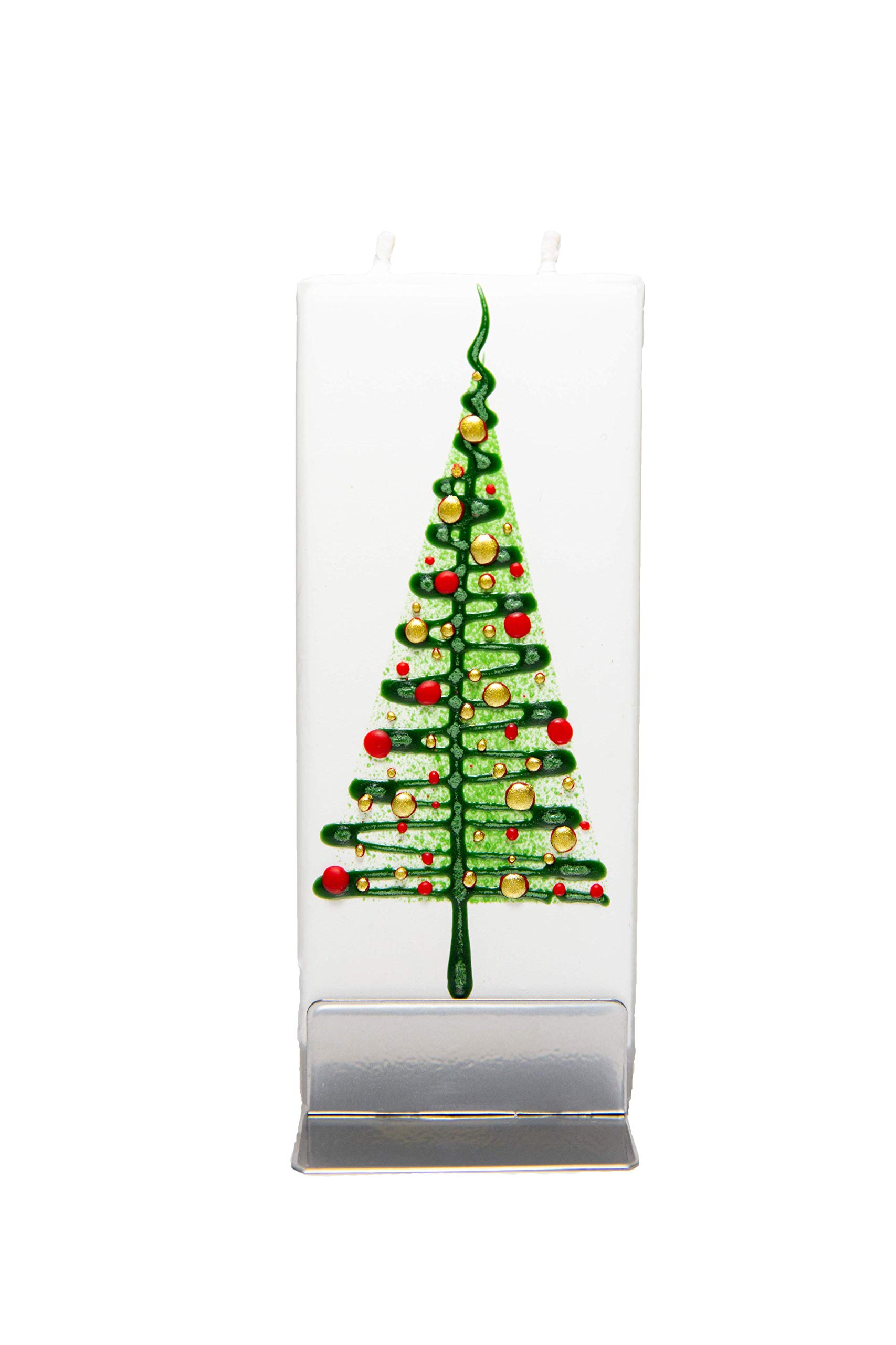 FlatyzHandmade Christmas Candle - Green Tree | Unscented, Drip-Resistant & Smoke-Free 2 Wick Candle for Home & Room Decor | Hand Painted, Flat Decorative Candles | Steel Stand Included