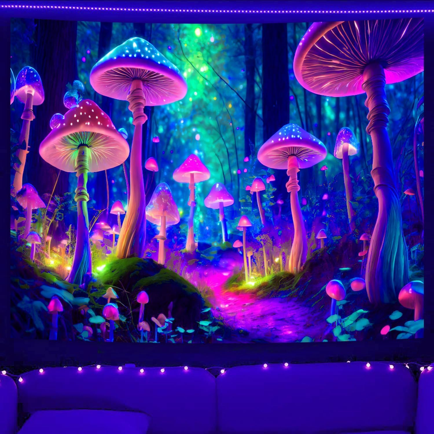 SparkLia Fantasy Mushroom Tapestry Blacklight Neon Glow Forest Tapestry Wall Hanging Magical Landscape Wall Art for Bedroom - 90 x 70 inches
