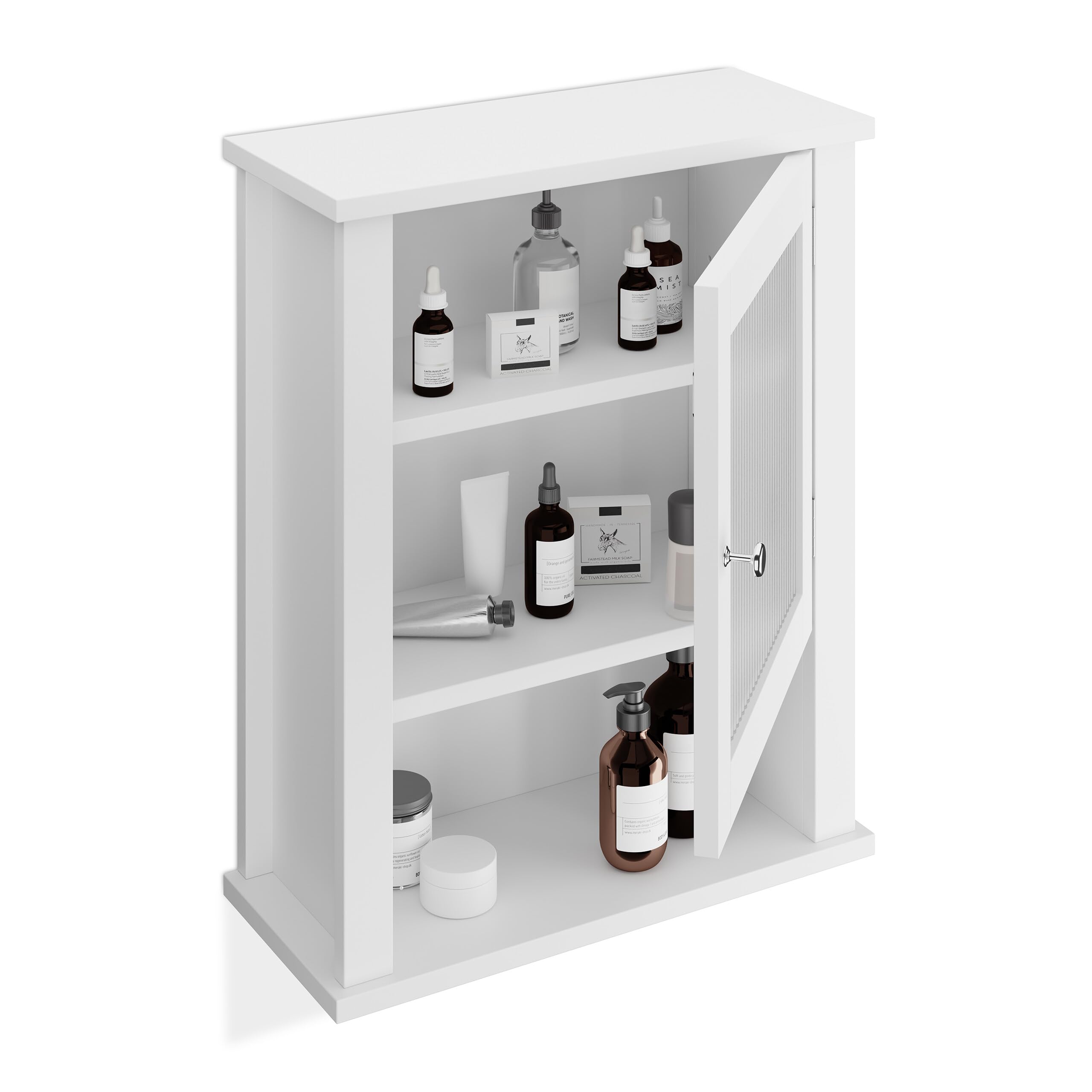 Relaxdays Mobiletto da Bagno Pensile, 3 Ripiani e Anta in Acrilico, Armadietto da Parete, MDF, HLP: 52x42x18 cm, Bianco