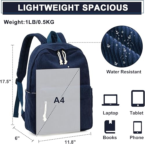 Miniatura 6 de Bluboon Mochila para niña y mujer, mochila escolar para computadora portátil, mochila de viaje, mochila floral, Pana Azul, Mochila de pana