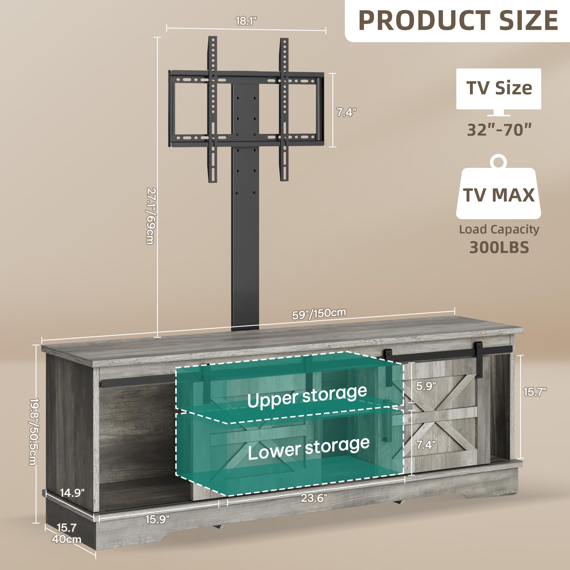 YITAHOME Farmhouse TV Stand for Living Room with Mount, Entertainment Center with 3 Height Adjustment for 32-70 inch TVs, Media Console Cabinet with Sliding Barn Door, Grey