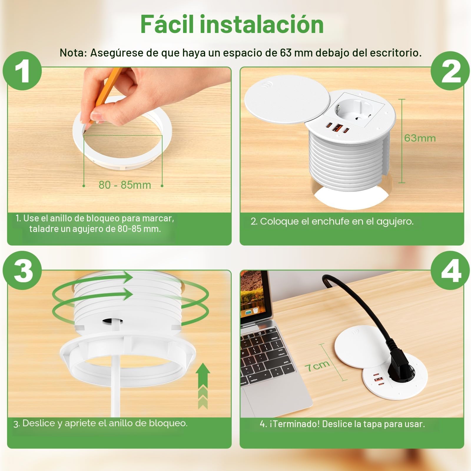 Enchufe Empotrable Mesa con USB C PD 35W, Regleta de Mesa con 3 USB y Tapa, Regleta Empotrable para Muebles o Superficies de Trabajo, Cable de 1,8 m, Blanco