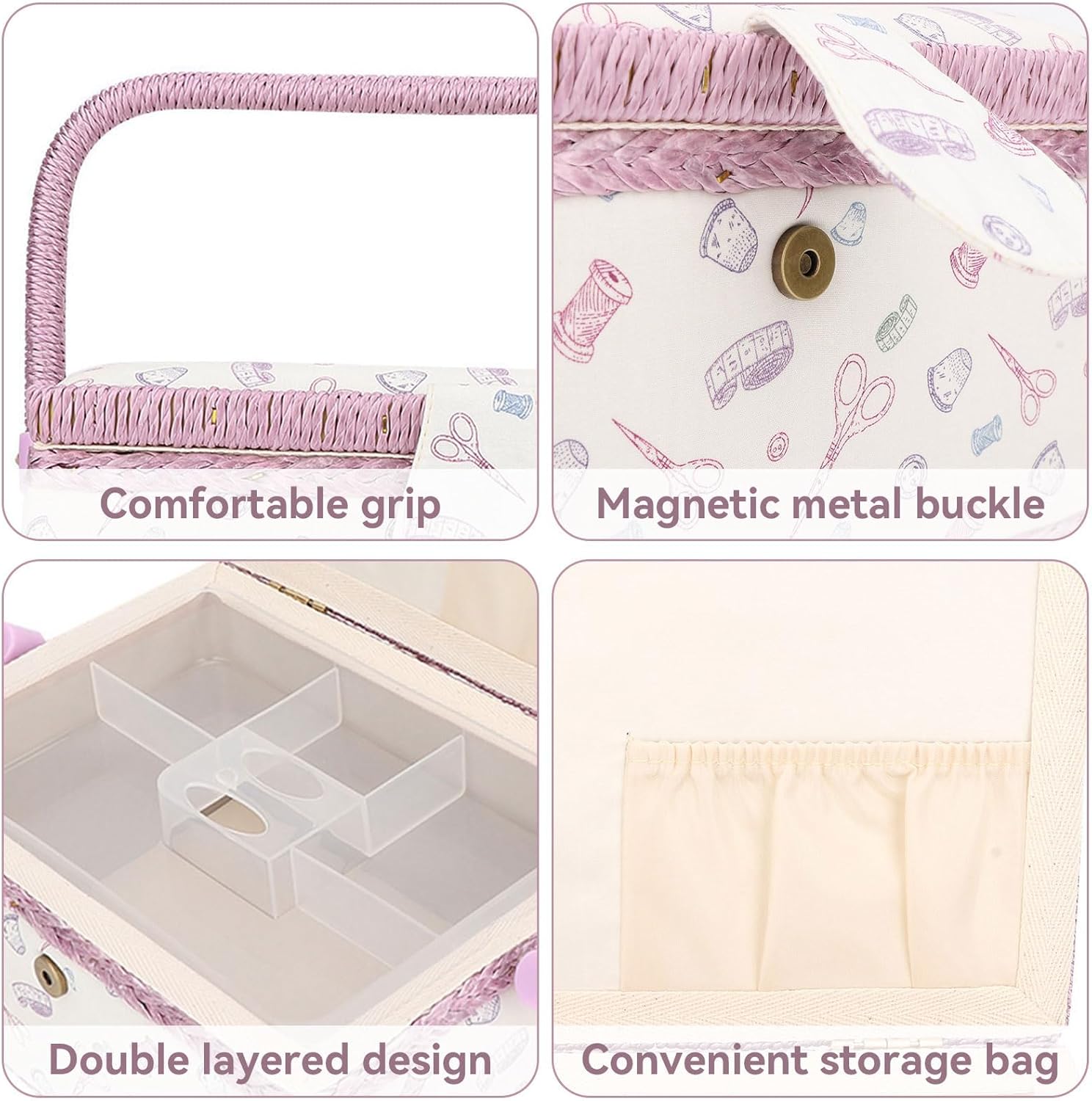 Sewing Basket, Classic Fabric Sewing Kit Storage Box, Vintage Sew Supplies Storage, DIY Crafting Accessories Large Embroidery Box with Organizer Tray Compartment, 9.6 x 7.1 x 5.1 inches