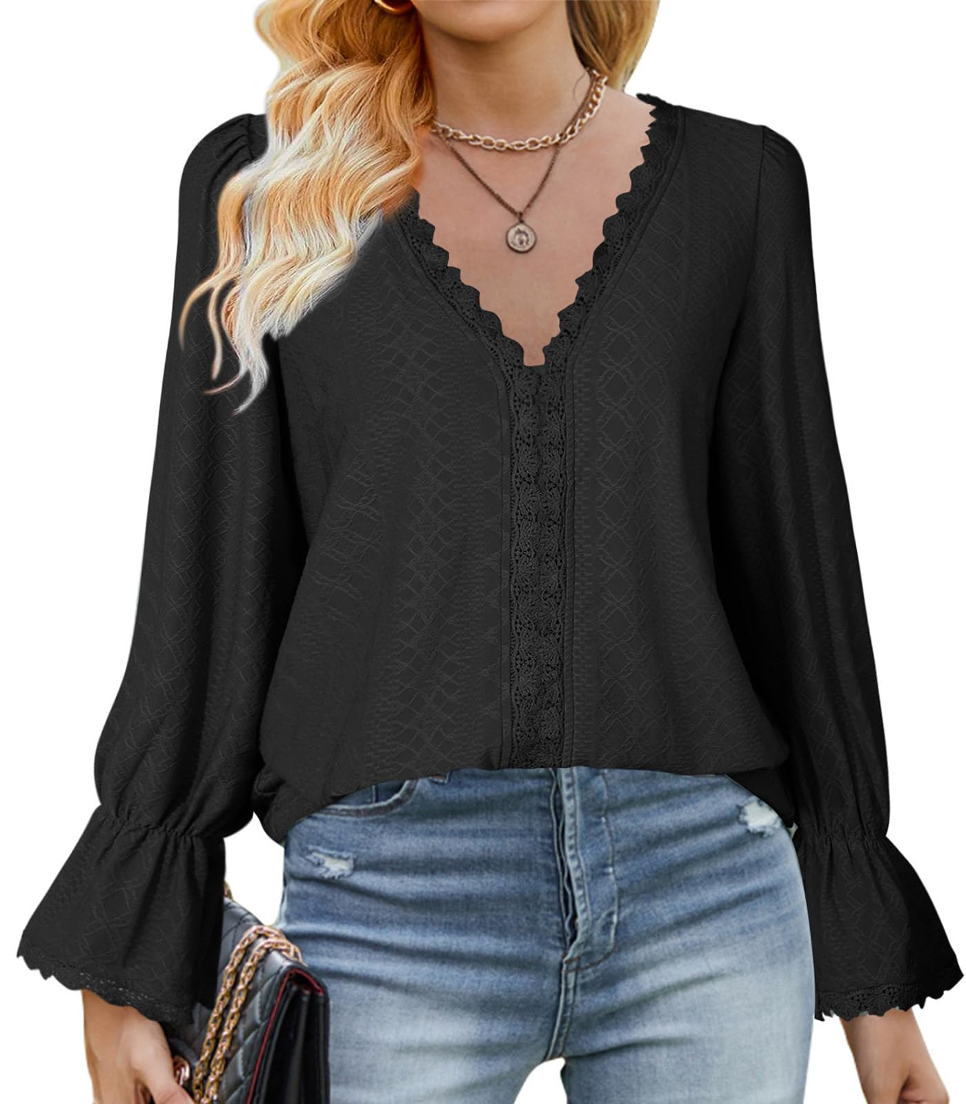 Zetieny Blusa Mujer Camisas Cuello en V Camisetas de Manga Larga Elegante Top T-Shirt Casual de Mujer