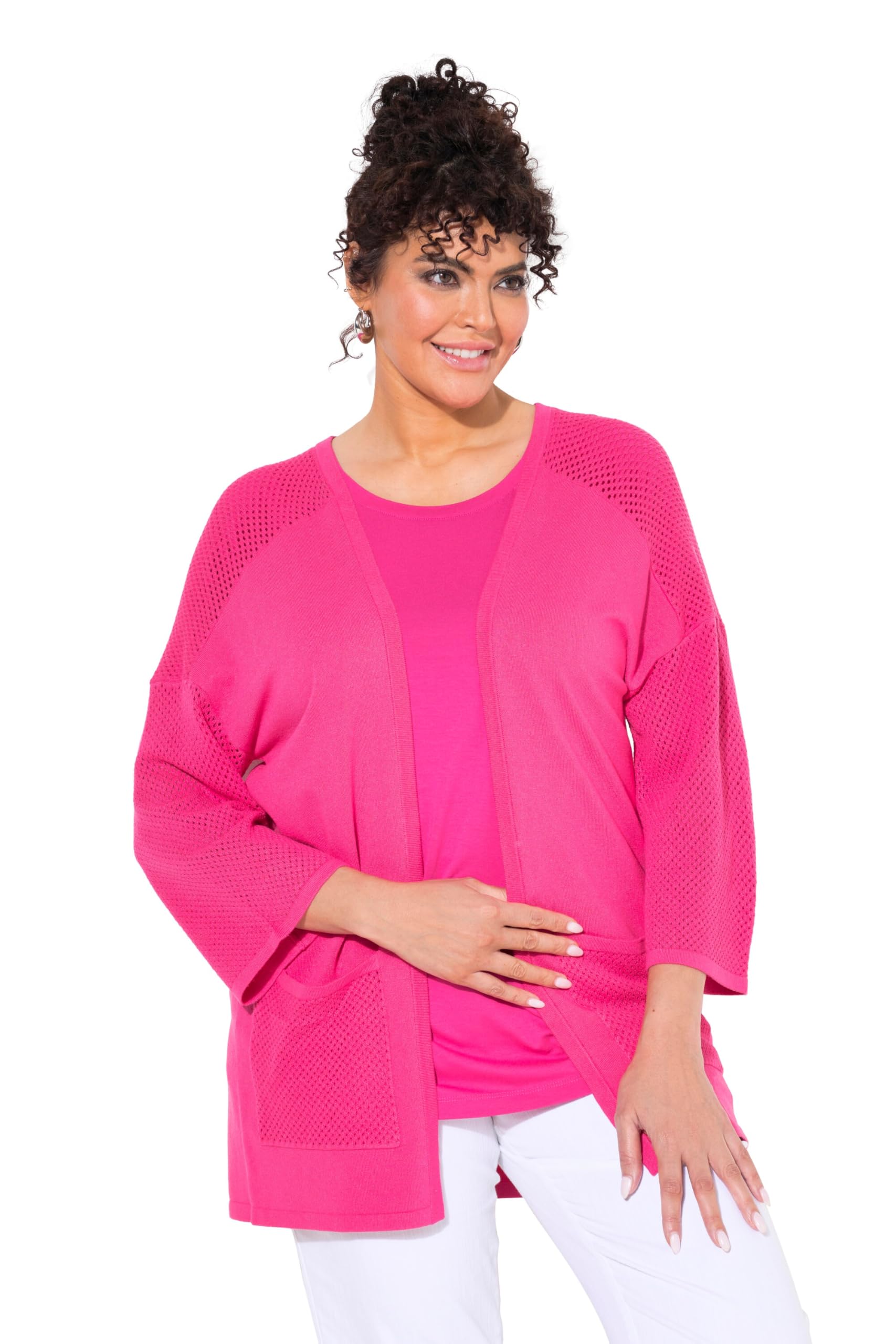 Ulla Popken Damen große Größen Übergrößen Plus Size Jersey-Jacke, Mesh, Oversized, V-Ausschnitt, 3/4-Arm 838418