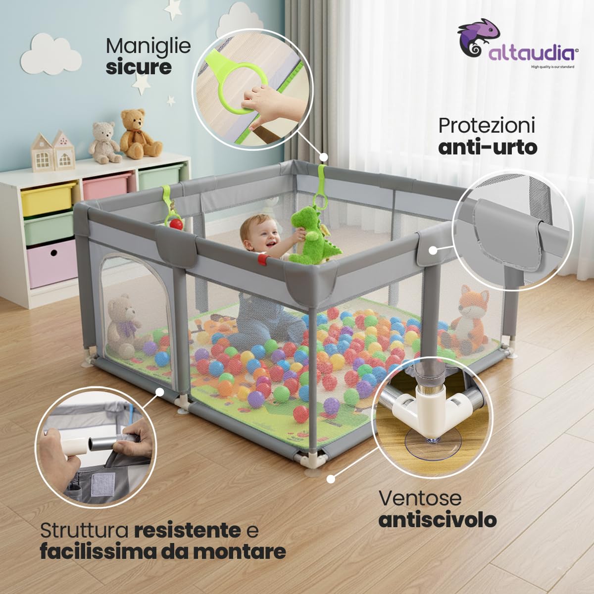 Parco giochi per 120x120 cm + Tappeto + 50 palline + Borse per il trasporto – Box per bambini con rete traspirante – Parco giochi divertente per bambini - Grigio