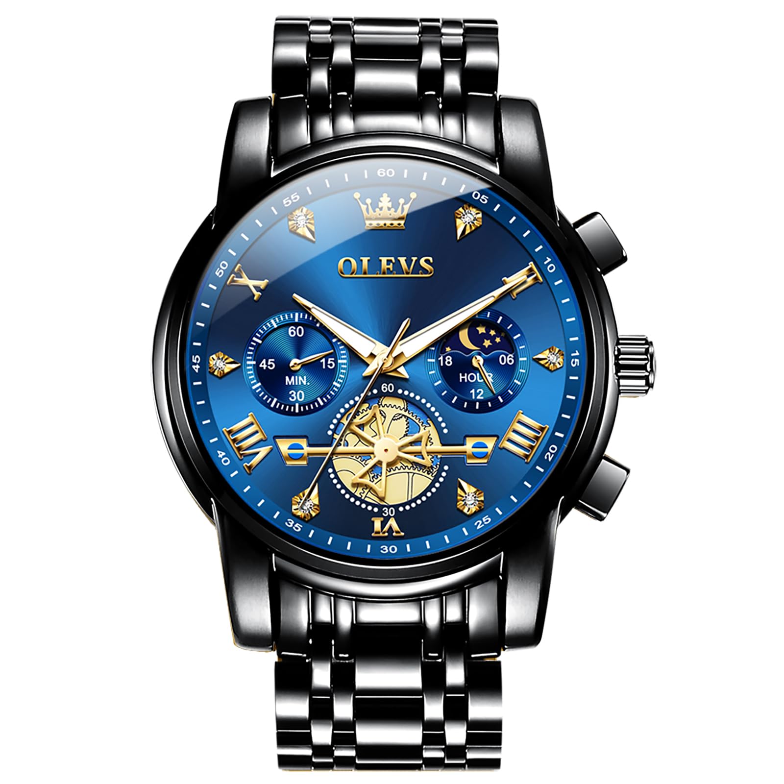 OLEVS Men's Chronograph Watch, Gold Silver Tone Stainless Steel Analog Quartz Watch, Multi-Function Waterproof Date Diamond Roman Numerals Dial Dress Watch for Men