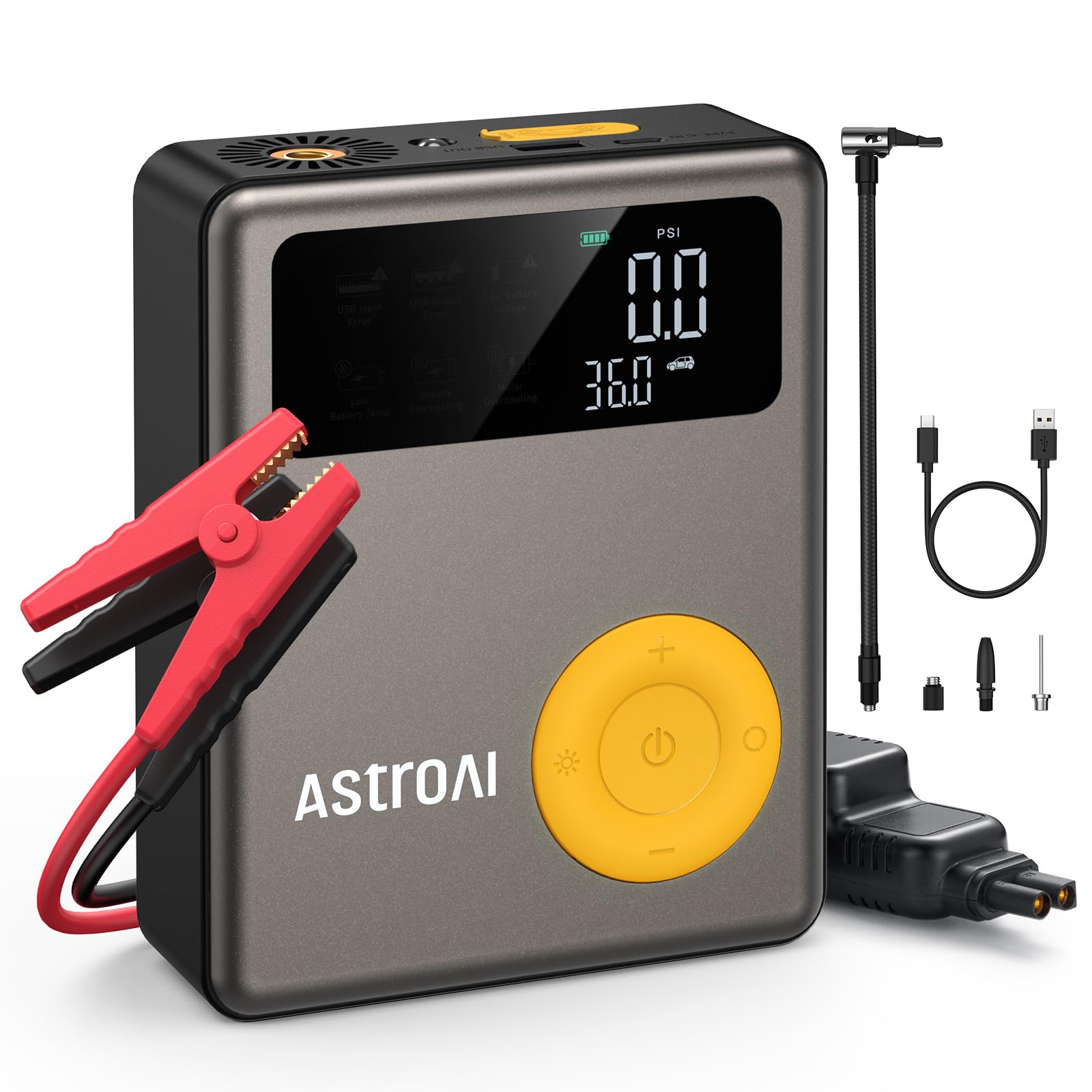 AstroAI Portable Car Jump Starter with Air Compressor, 150PSI 1750A Car Jumper Starter Battery Pack with Cordless Tire Inflator (7.5 Gas/5.0L Diesel), 12V Jump Box, Large LCD Display, Lights