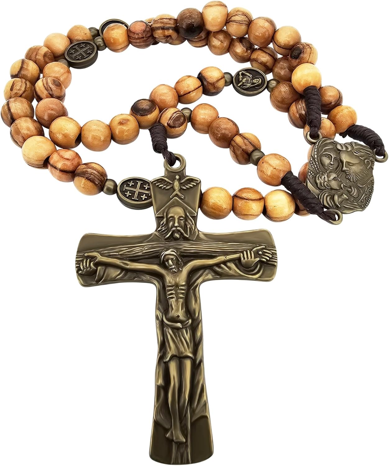 TALISMAN4U Olive Wood Prayer Beads Catholic Rosary Bronze Holy Trinity Crucifix Holy Family Centerpiece Virgin Mary Medals Rosaries for Men Holy Land Religious Gift Rosary Pouch & Prayer Card - Image 4