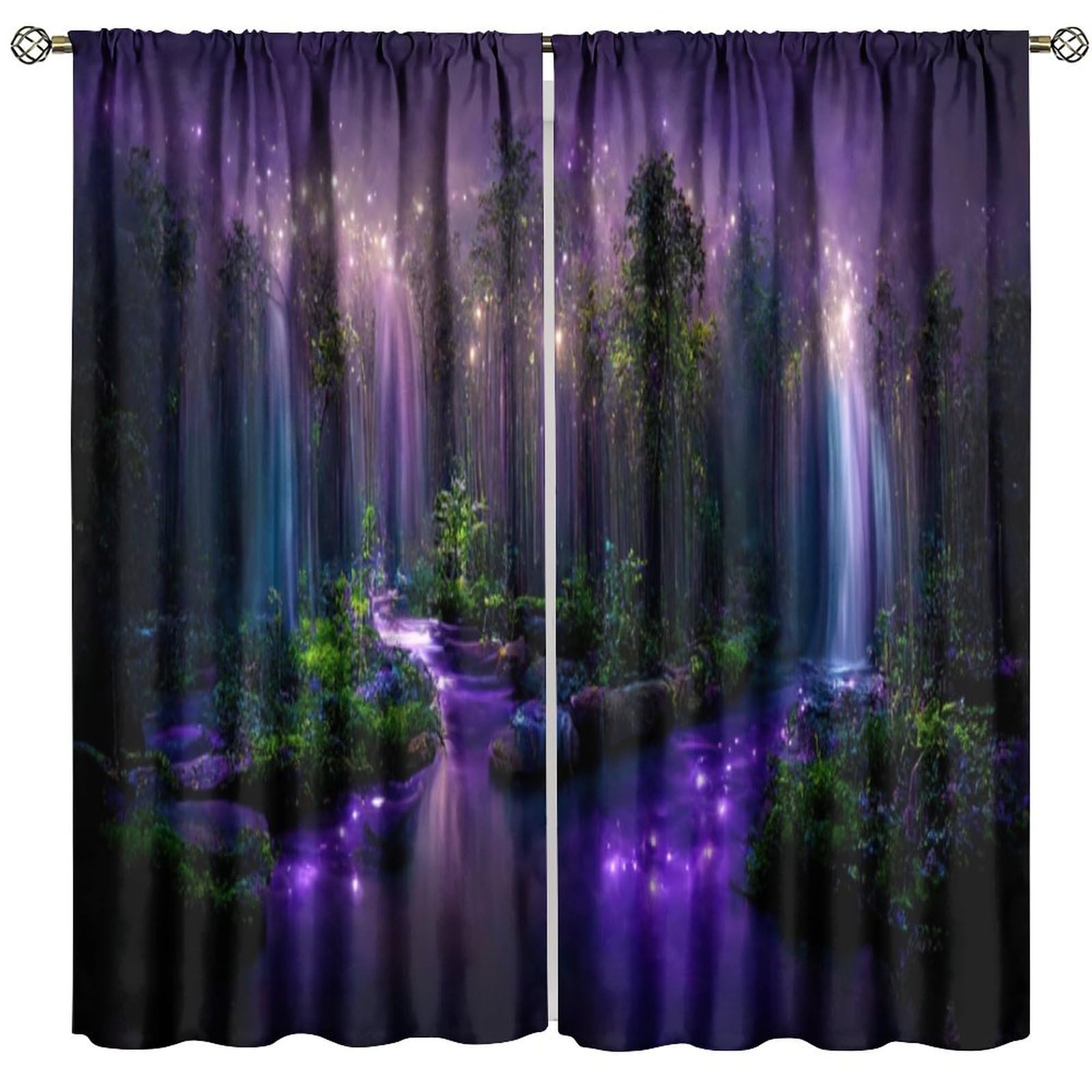 HZOHNAGO Forest Curtains Enchanted Forests Purple Dreamy Waterfall Pattern Blackout Print Rod Pocket Window Drapes for Bedroom Living Room 42x54in