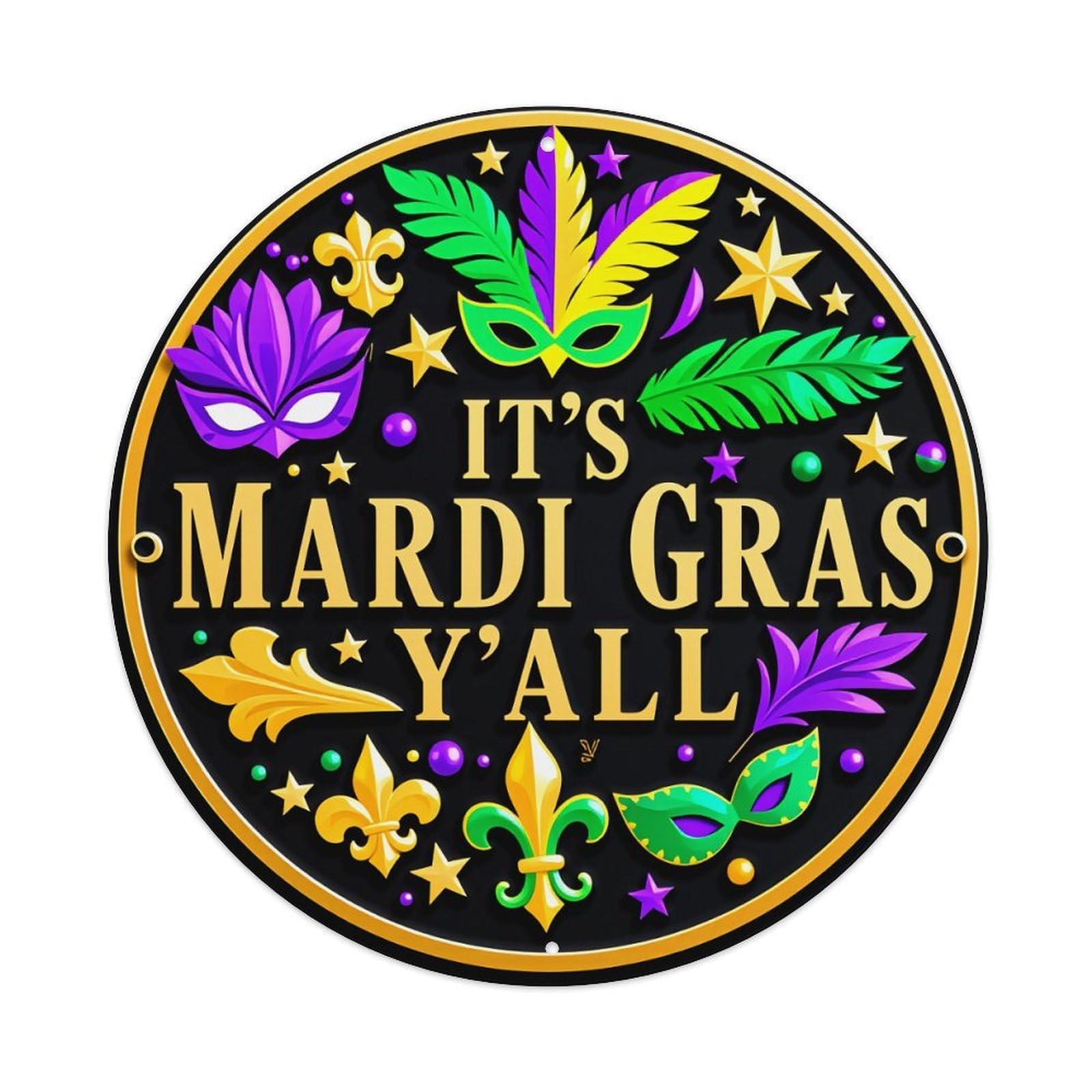 Mardi Gras Mask Feathers Stars Round Tin Sign Vintage Metal Poster, Home Bar Garage Man Cave Cafe Indoor & Outdoor Wall Decoration 8x8Inches