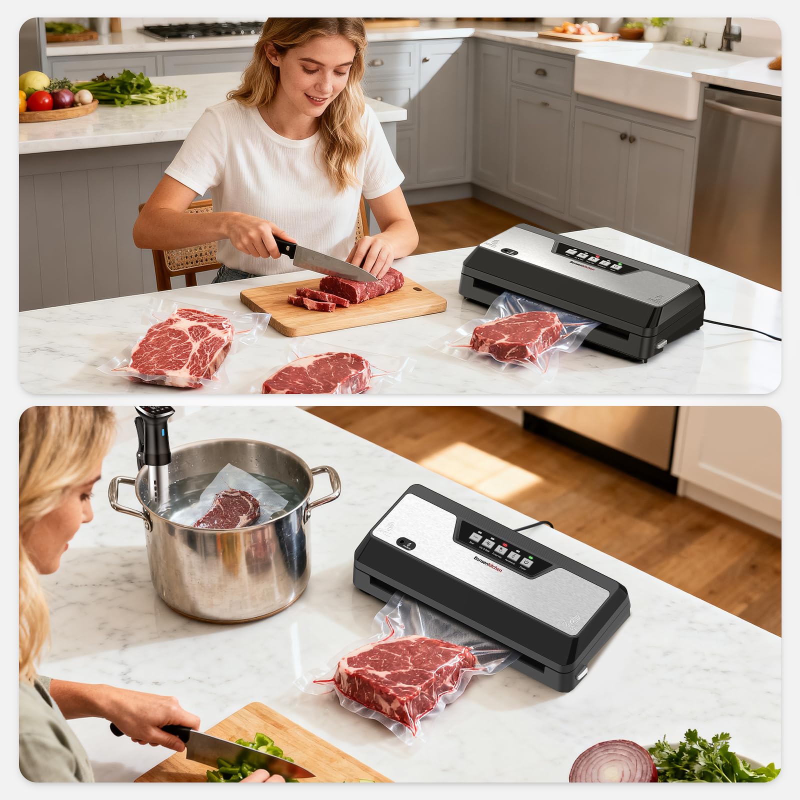 Bonsenkitchen Vakuumiergerät für Lebensmittel, Kompakt, Mehrfach-Modi, inkl. 1 Rolle und 5 Beutel, Schwarz