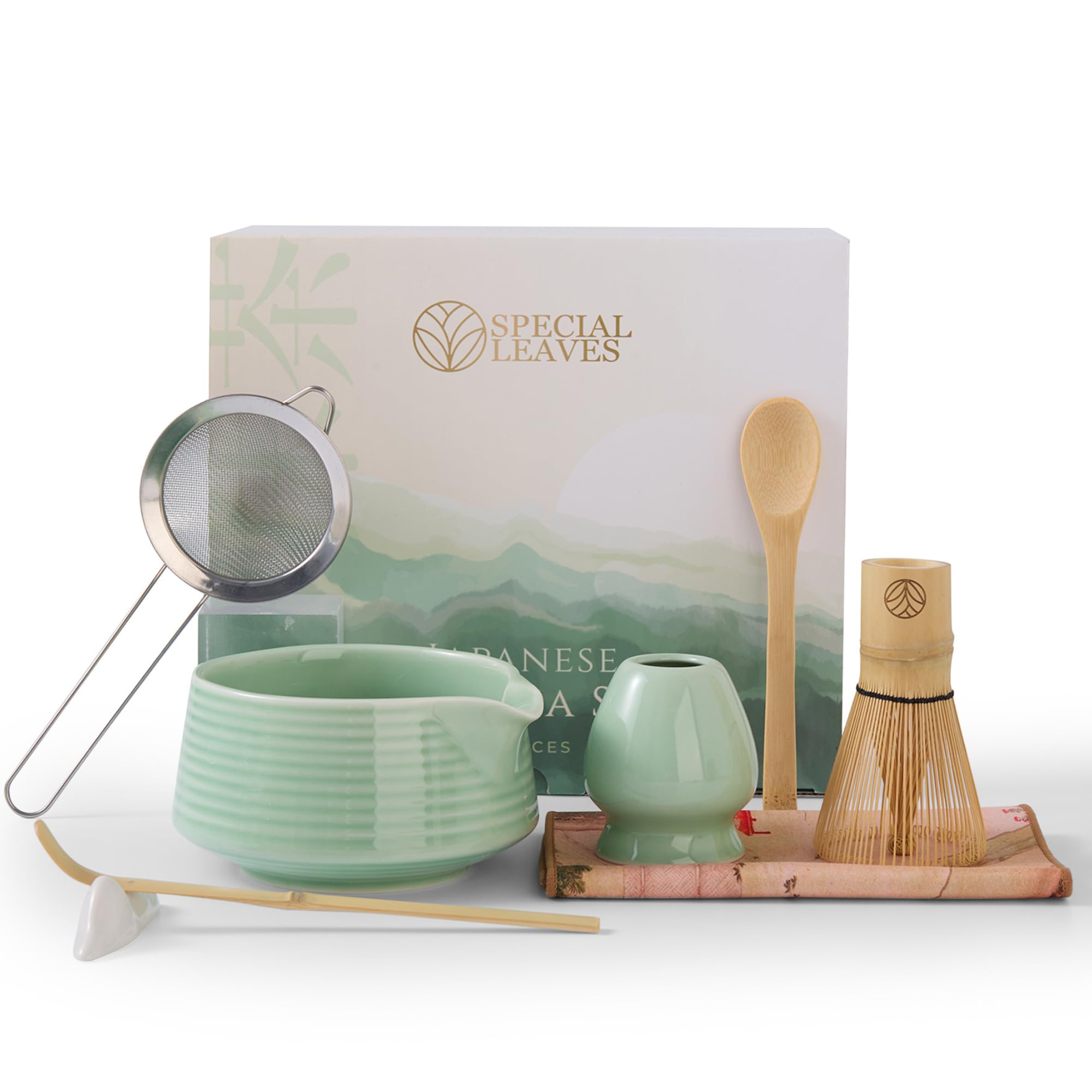 Zestaw matcha – miętowa zieleń – 8-częściowy zestaw do herbaty matcha – miotła, miska, łyżka, miarka, sitko, uchwyt i akcesoria – zestaw premium matcha dla miłośników matchy