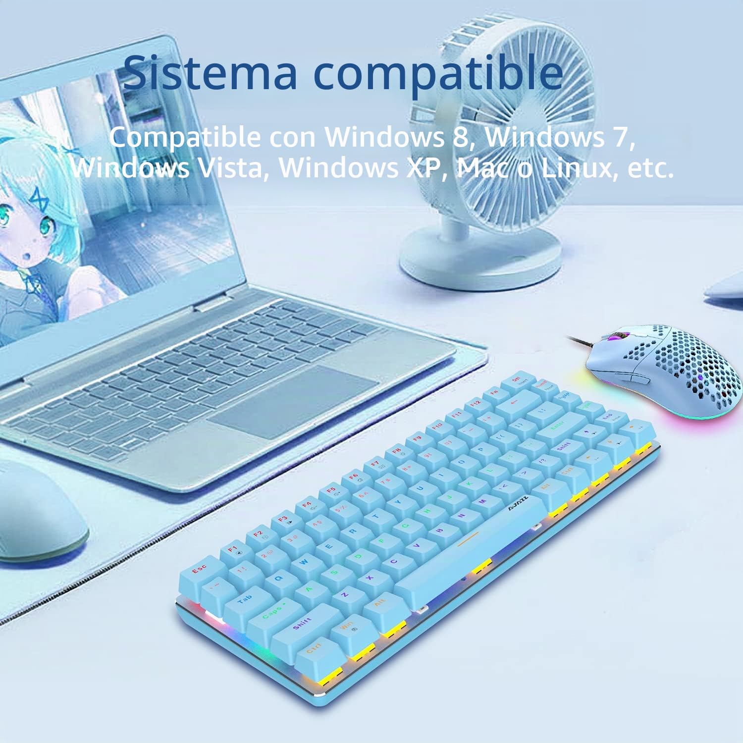 AK33 Teclado Mecánico con Cable con Retroiluminación Arcoíris-Azul | Interruptores Azules, USB-C, Diseño Compacto TKL De 82 Teclas, Función Anti-ghosting, Para Jugadores Y Mecanógrafos