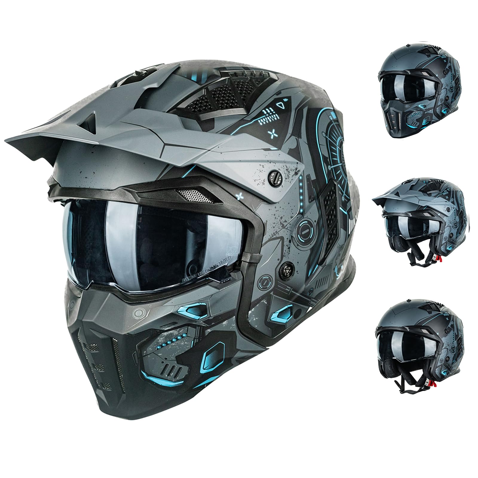 ILM Helm Motorrad Motocross Herren Damen Vintage Retro mit Visier ECE Model Z302,SciFiBlau,M