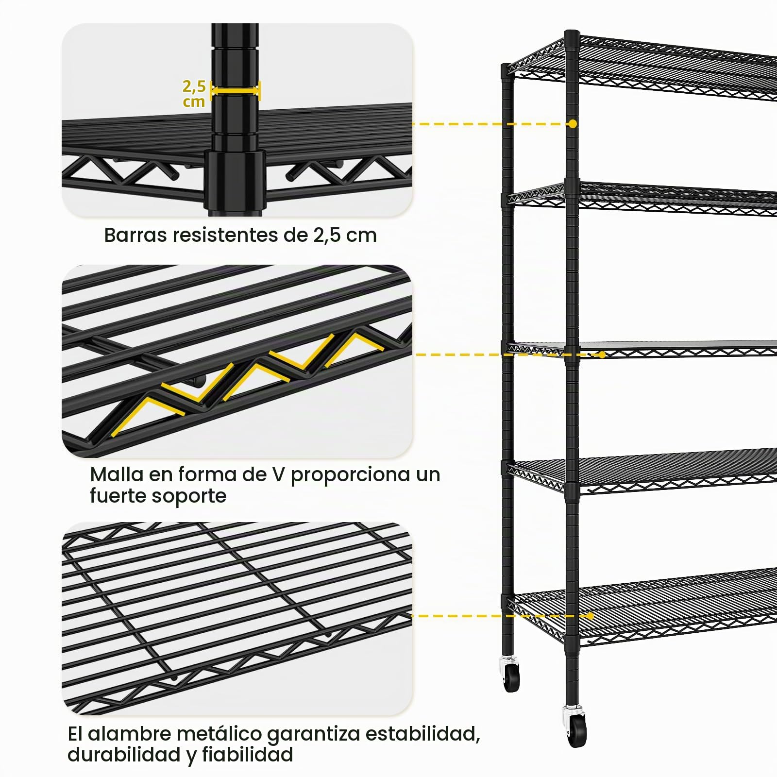 Estantería Metálica Ajustable de 5 Niveles con Ruedas | Para garaje o trastero, Negro, 182,9 × 91,3 × 45,7 cm, Gran capacidad de almacenamiento